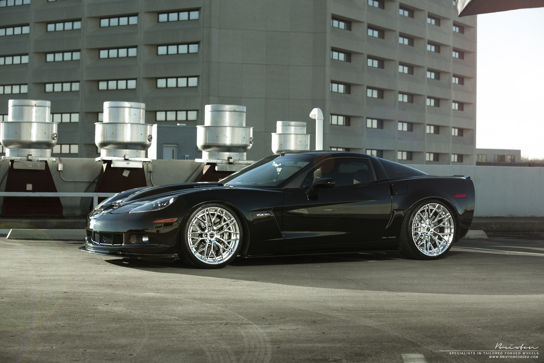 Aftermarket Side Skirts on Black Chevy Corvette Z06 - Photo by Brixton Forged Wheels