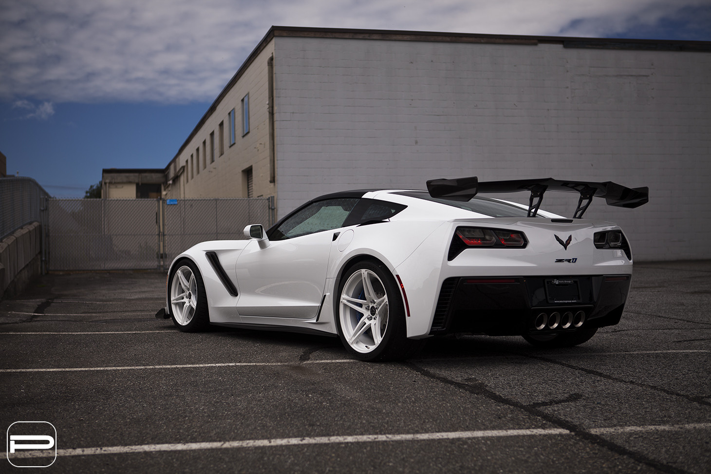 Large Wing Spoiler on White Chevy Corvette ZR1 - Photo by PUR Wheels
