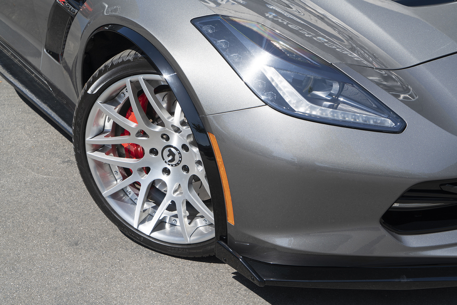Aftermarket LED Headlights on Gray Chevy Corvette - Photo by Forgiato
