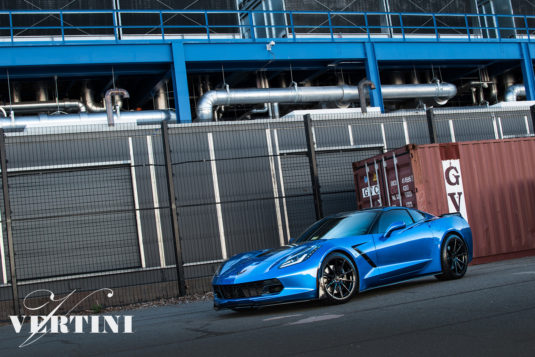 Aftermarket LED Headlights on Blue Chevy Corvette - Photo by Vertini Wheels