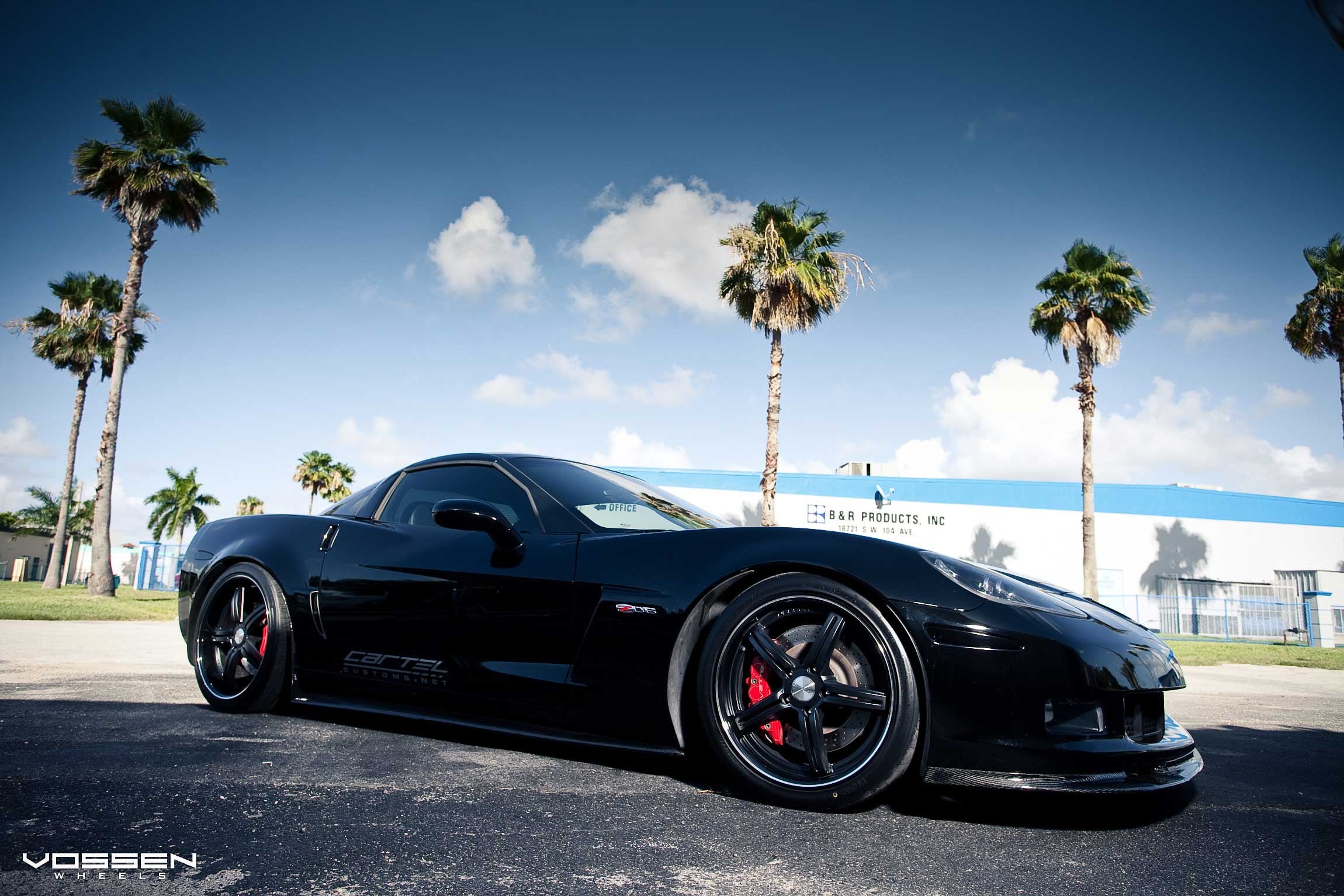 Carbon Fiber Front Lip on Black Chevy Corvette - Photo by Vossen
