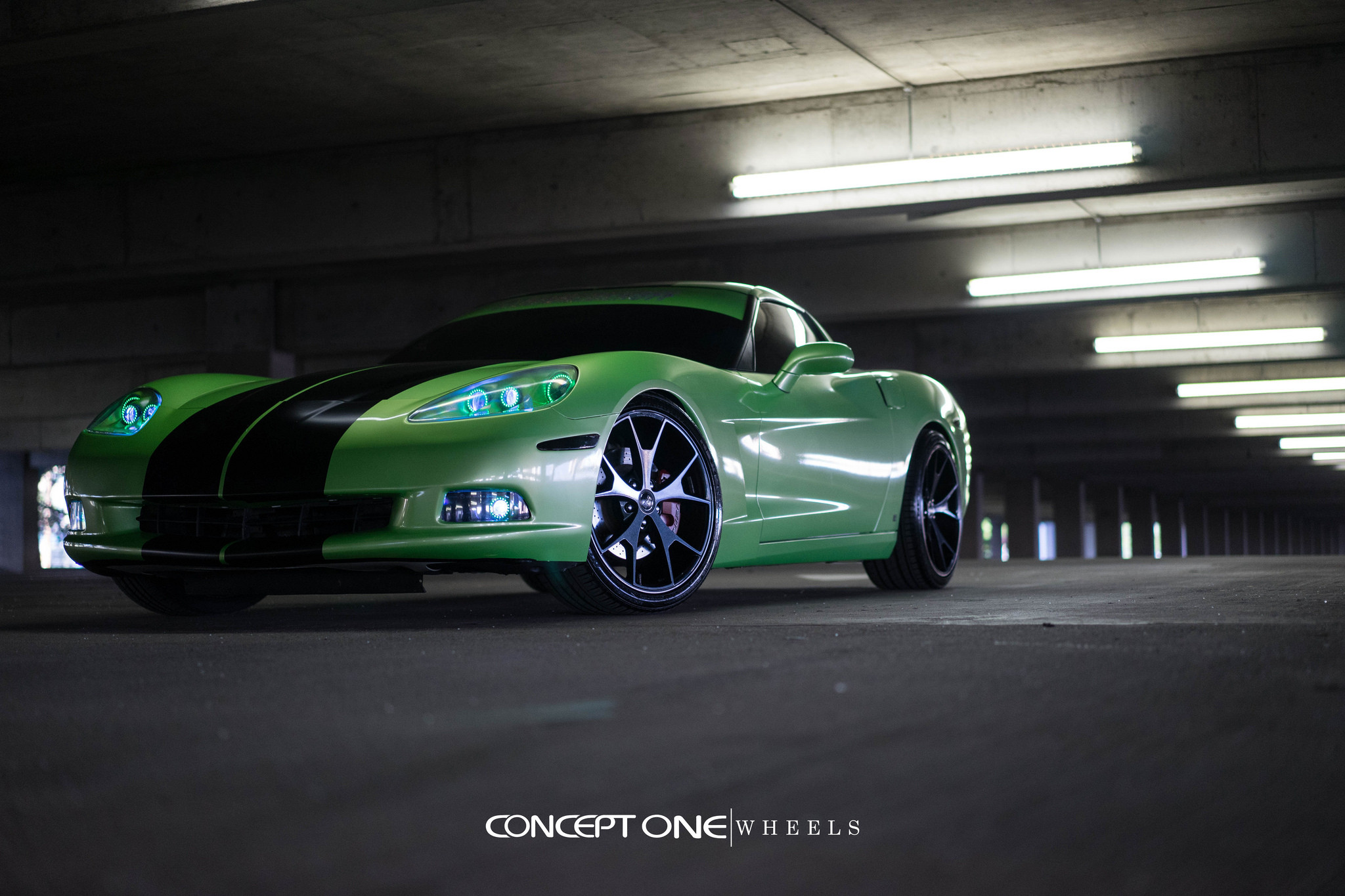 Headlights with Color Halos on Green Chevy Corvette - Photo by Concept One