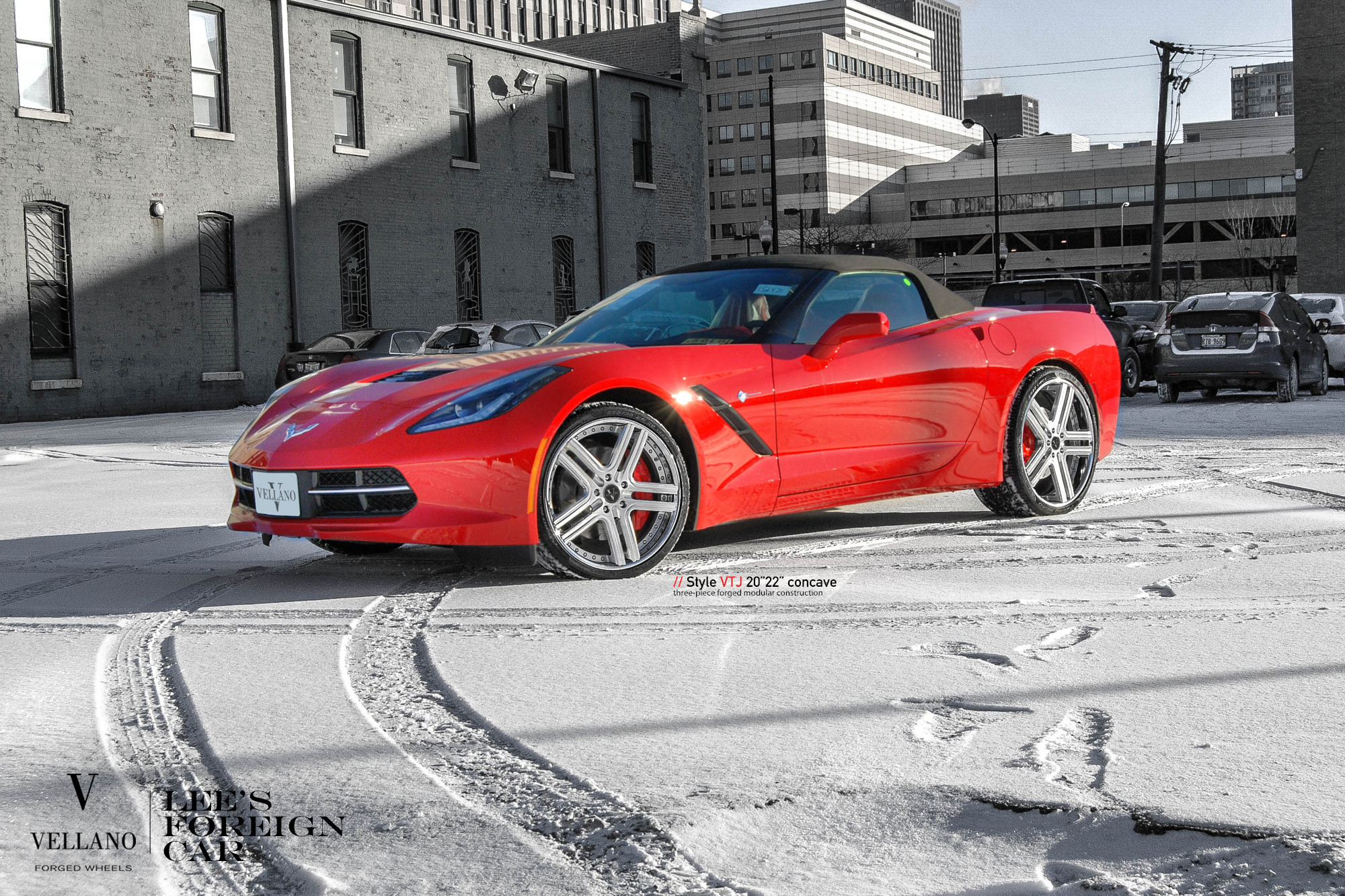 Custom LED Headlights on Red Chevy Corvette - Photo by Vellano