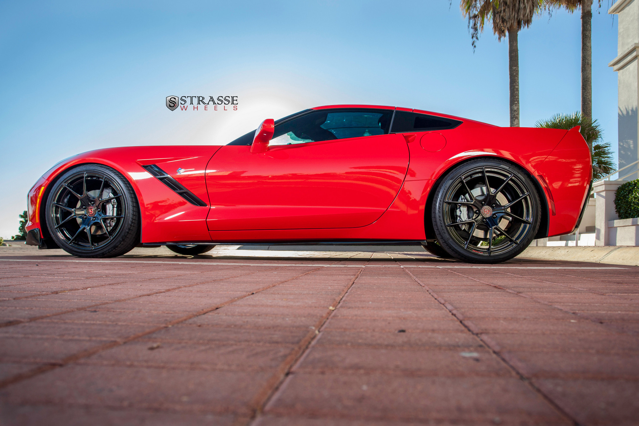 Gloss Black Strasse Rims on Red Chevy Corvette - Photo by Strasse Forged