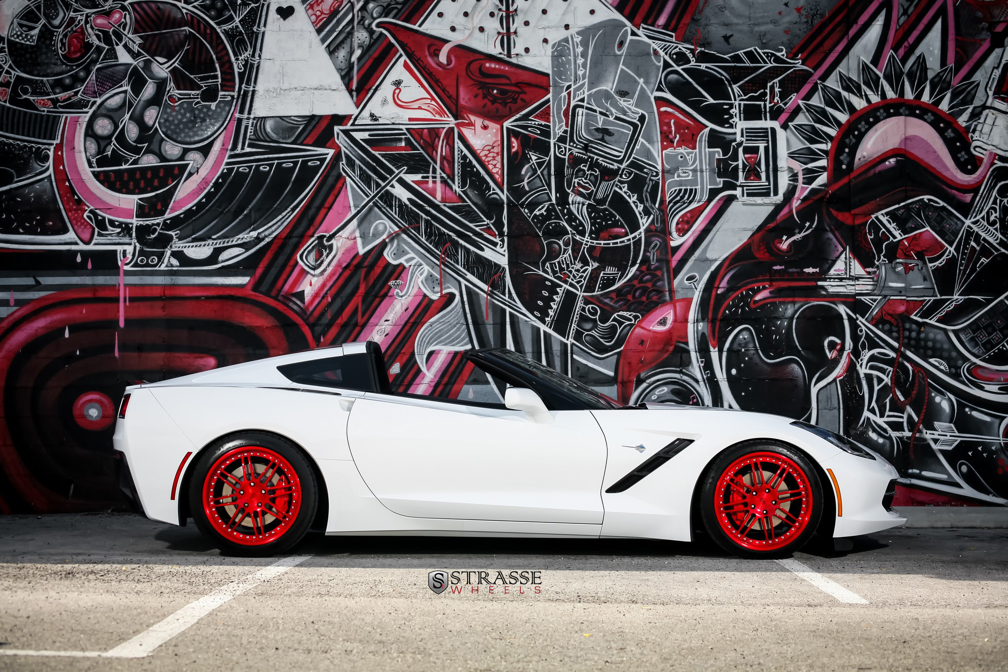 White Chevy Corvette with Custom Red Strasse Rims - Photo by Strasse Forged