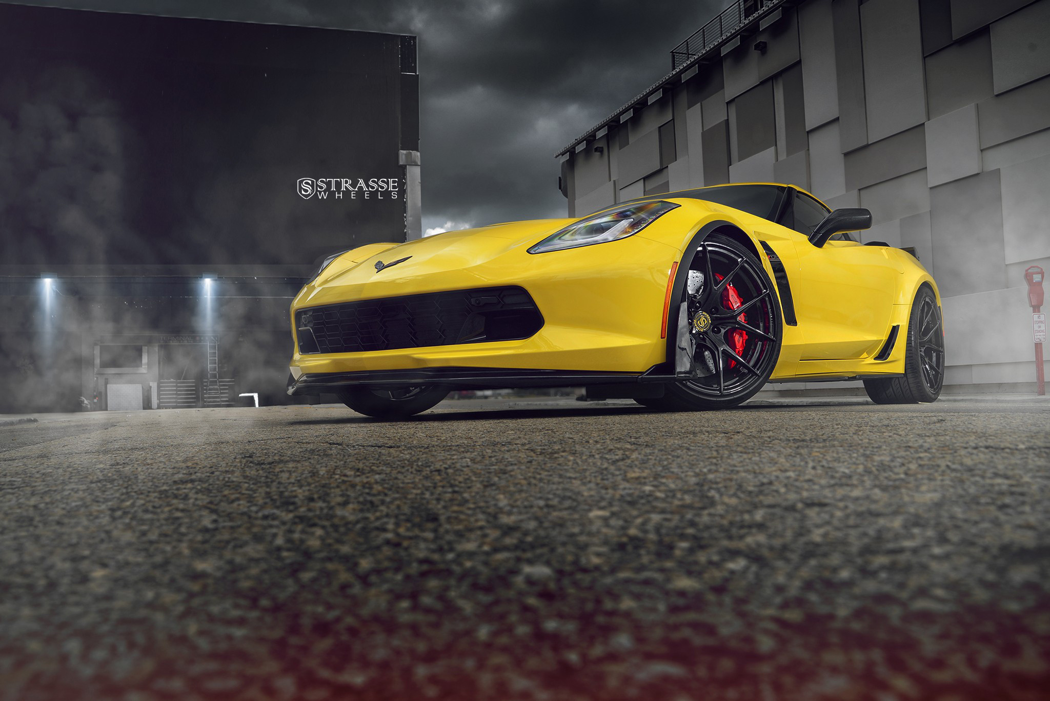 Yellow Chevy Corvette with Blacked Out Bumper Grille - Photo by Strasse Forged