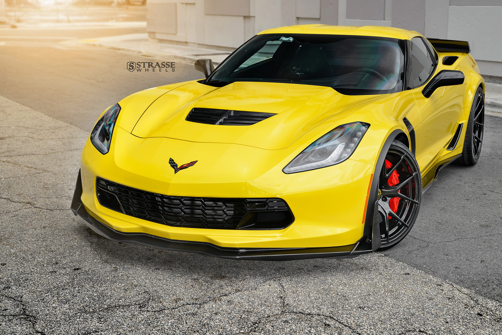 Custom Vented Hood on Yellow Chevy Corvette - Photo by Strasse Forged