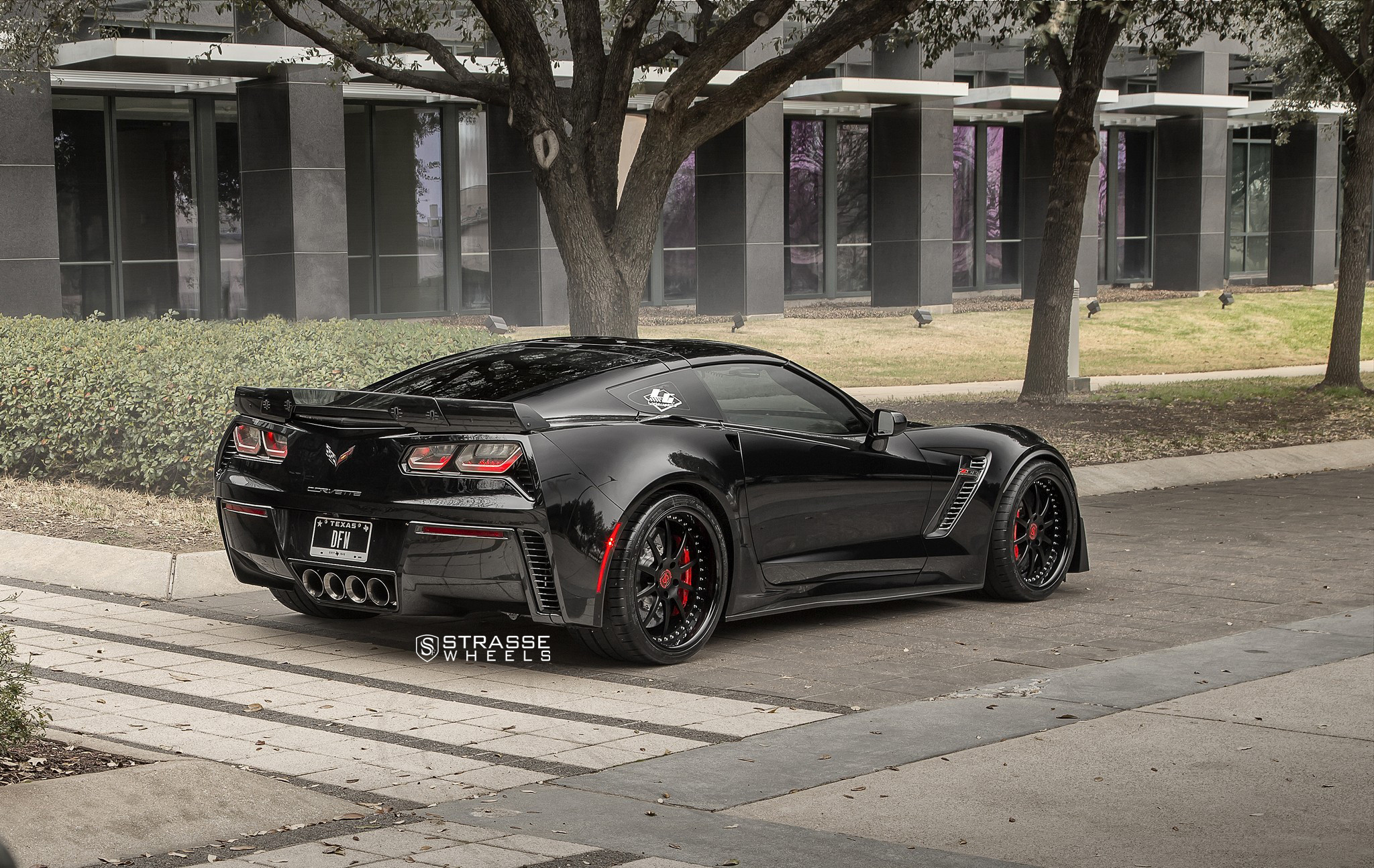 Custom Style Rear Spoiler on Black Chevy Corvette - Photo by Strasse Forged