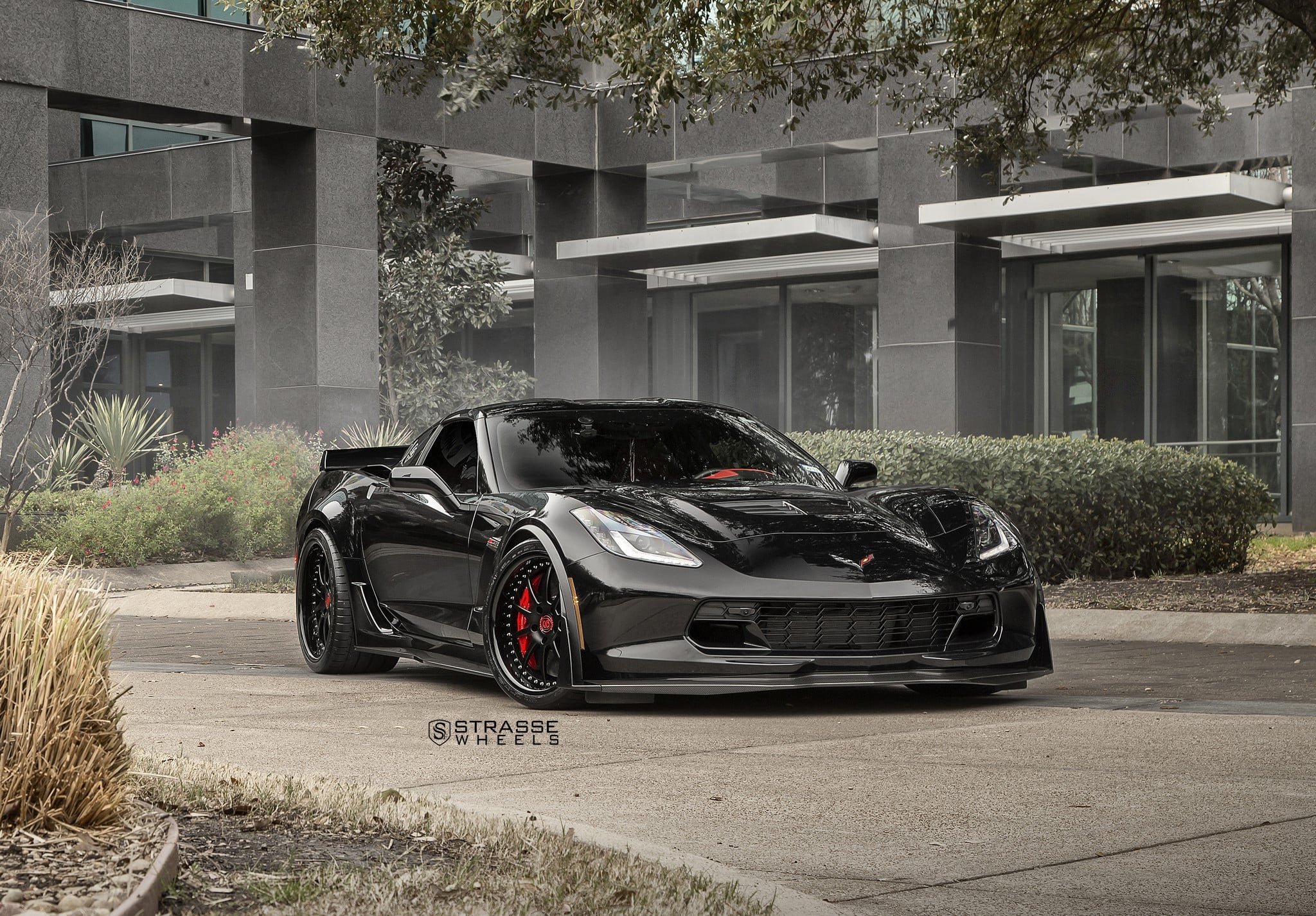Dark Smoke DRL Headlights on Black Chevy Corvette - Photo by Strasse Forged