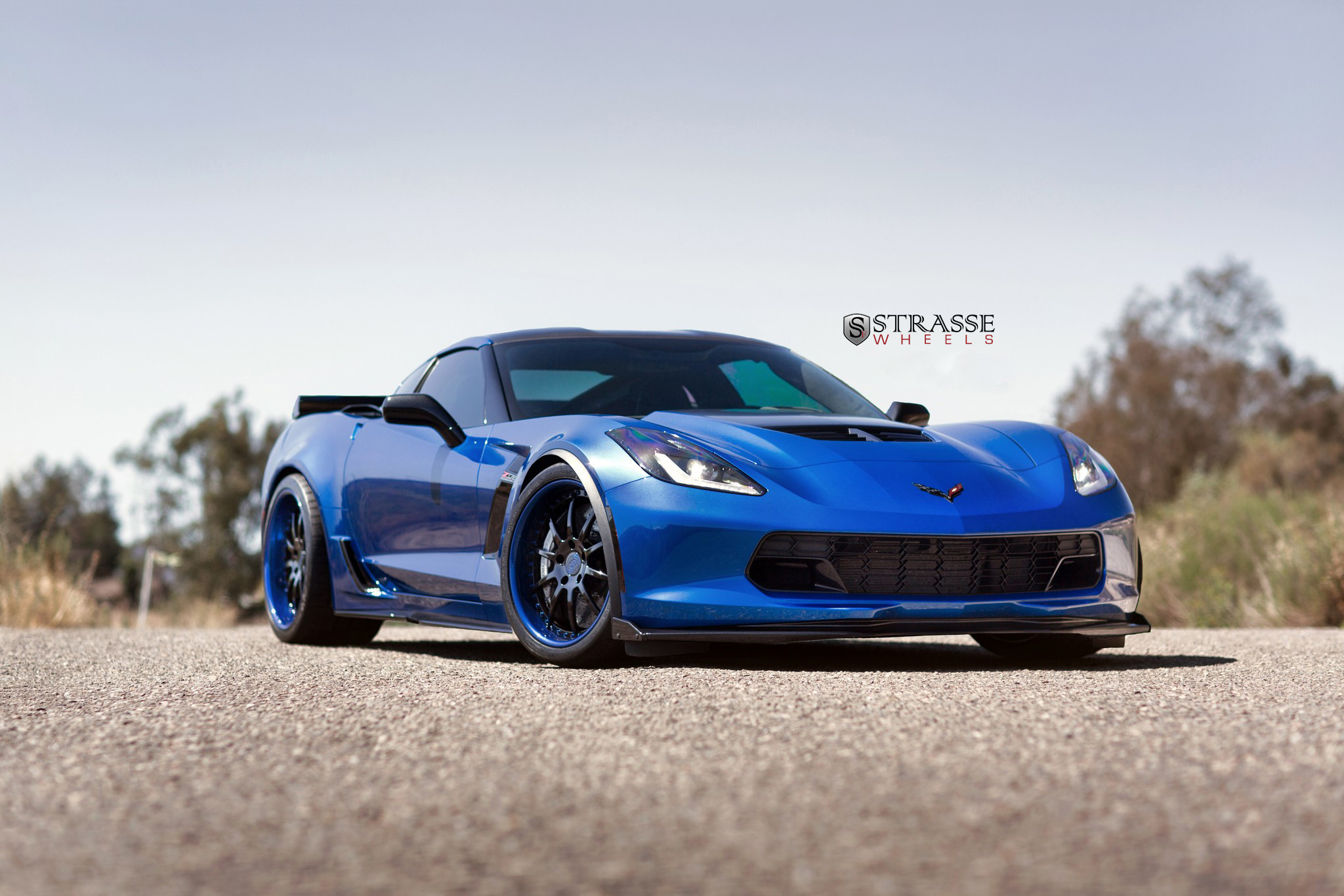 Blue Chevy Corvette with Aftermarket Vented Hood - Photo by Strasse Forged