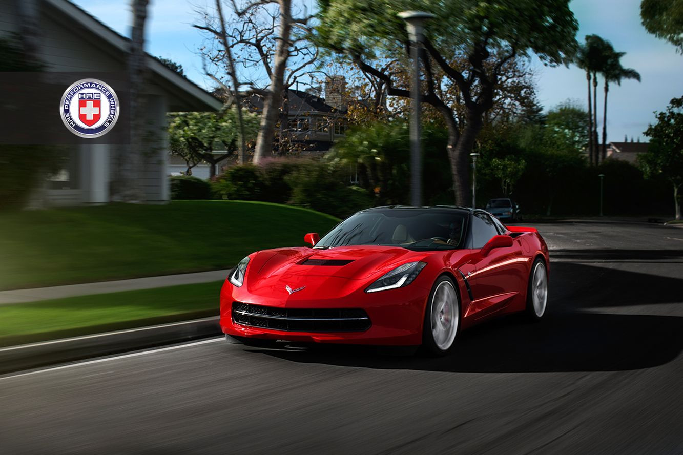 Red Chevy Corvette with Aftermarket Vented Hood - Photo by HRE Wheels