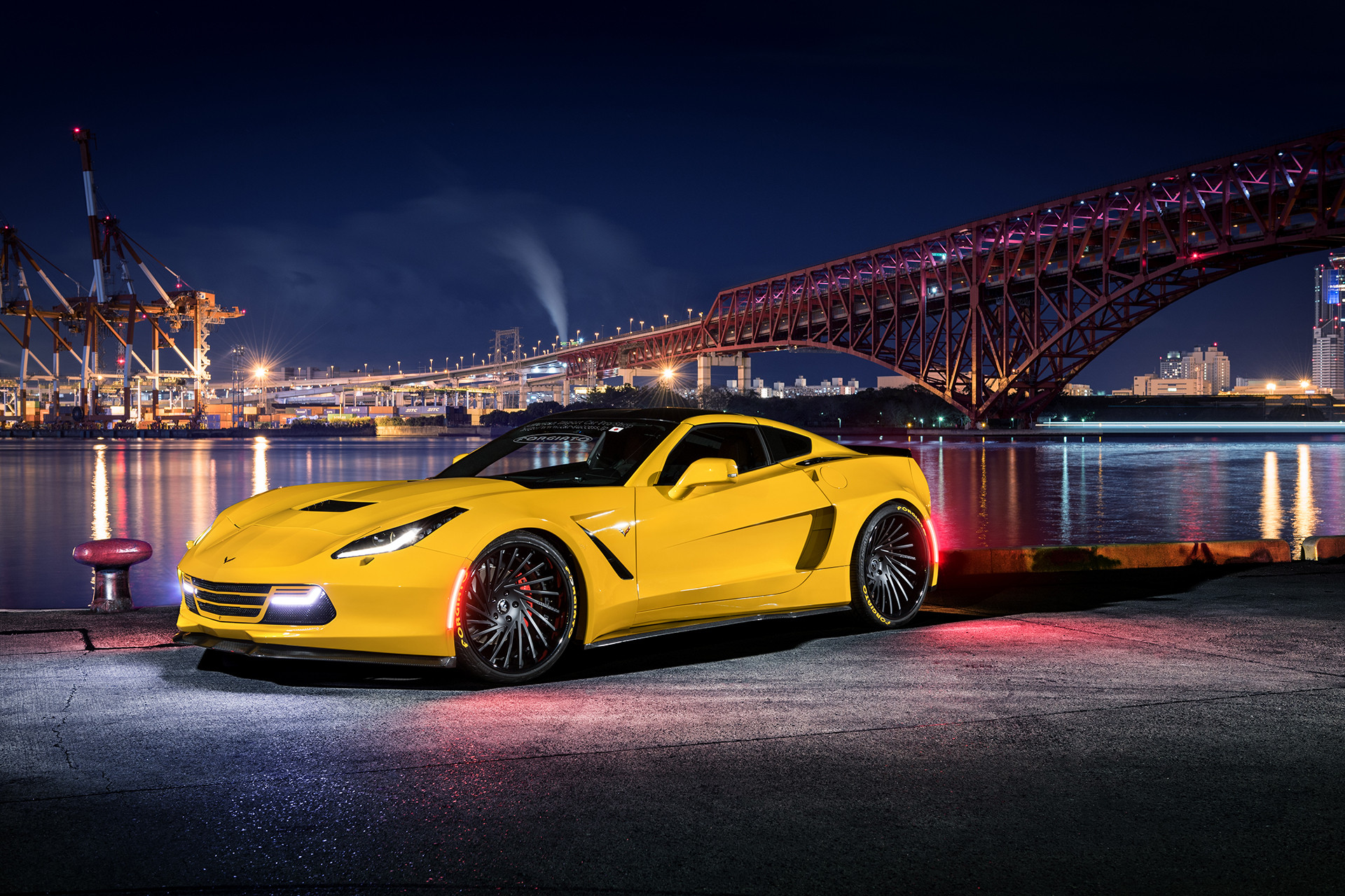 Carbon Fiber Front Lip on Yellow Chevy Corvette - Photo by Forgiato