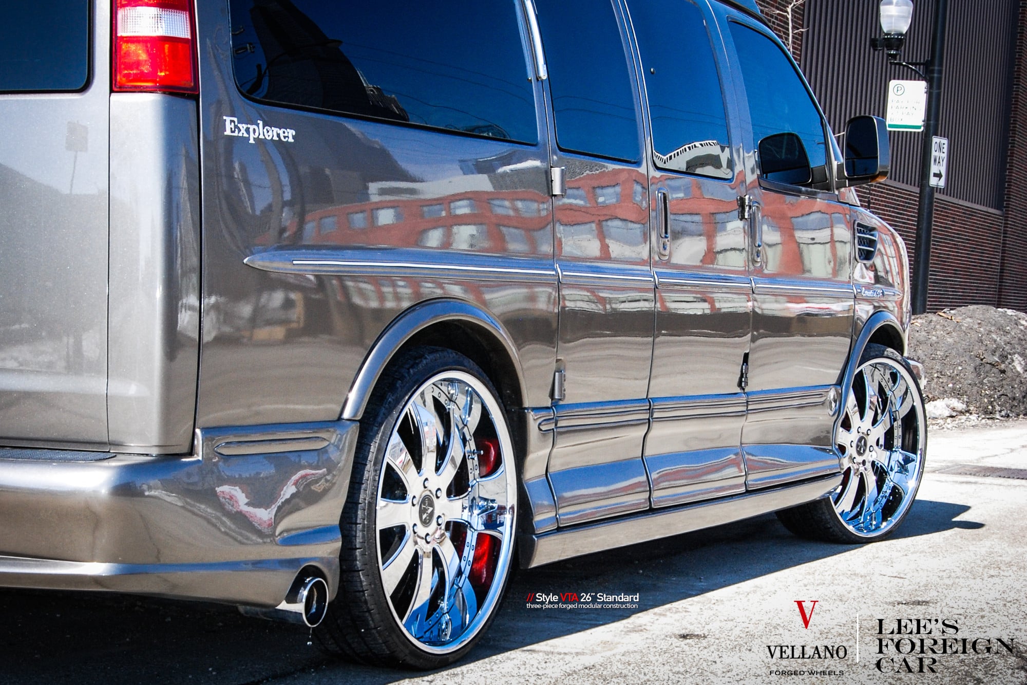 Aftermarket Side Skirts on Gray Chevy Express - Photo by Vellano