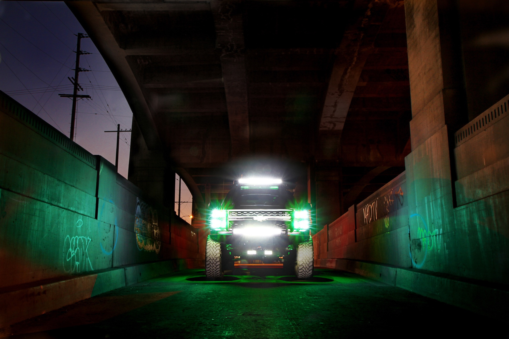 Chevy Silverado With Green LED Headlights and Lightbars - Photo by Brian Mcgee