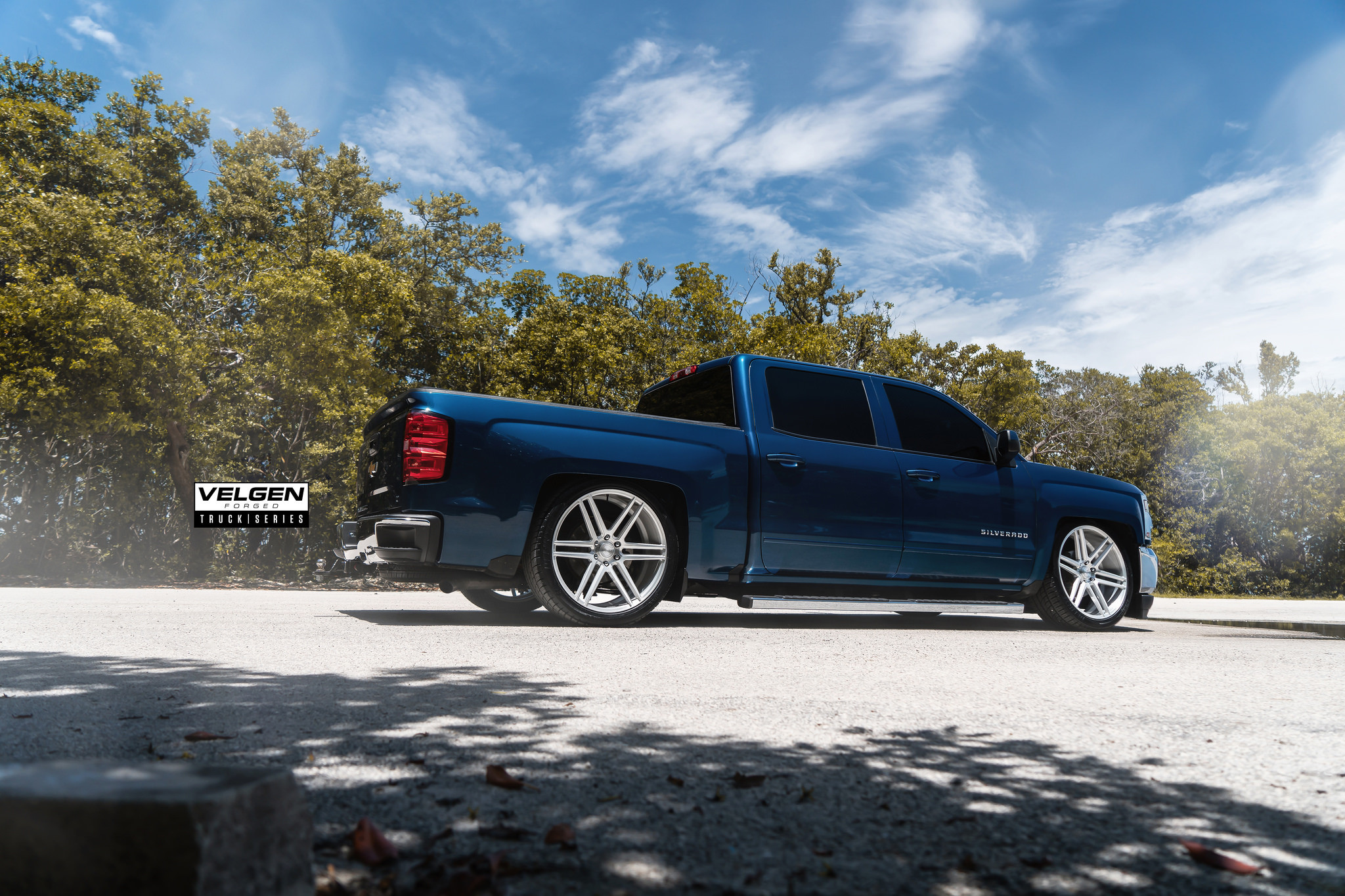 Chrome Rear Bumper Cover on Blue Chevy Silverado - Photo by Velgen