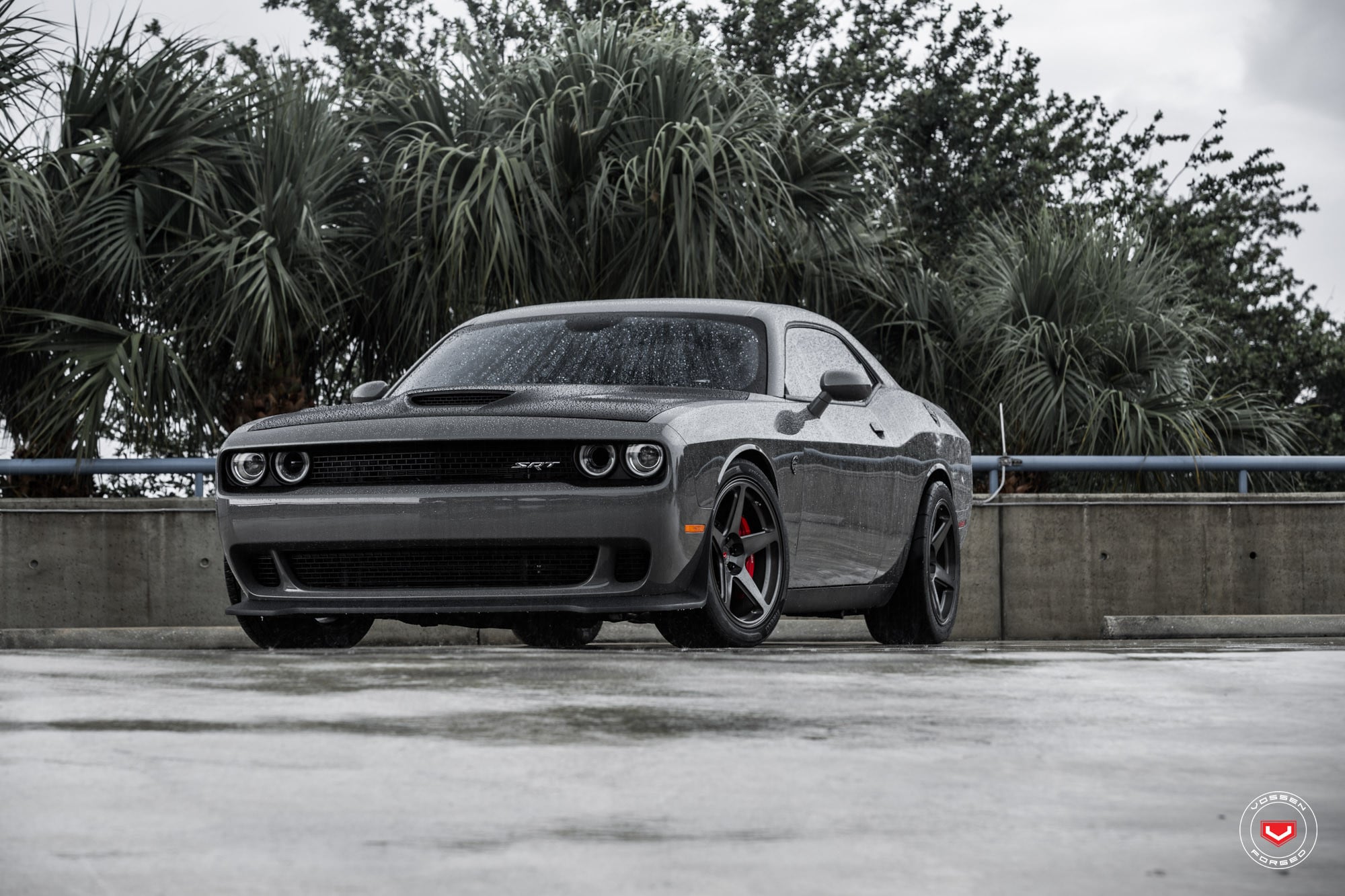 Aftermarket Vented Hood on Gray Dodge Challenger SRT - Photo by Vossen