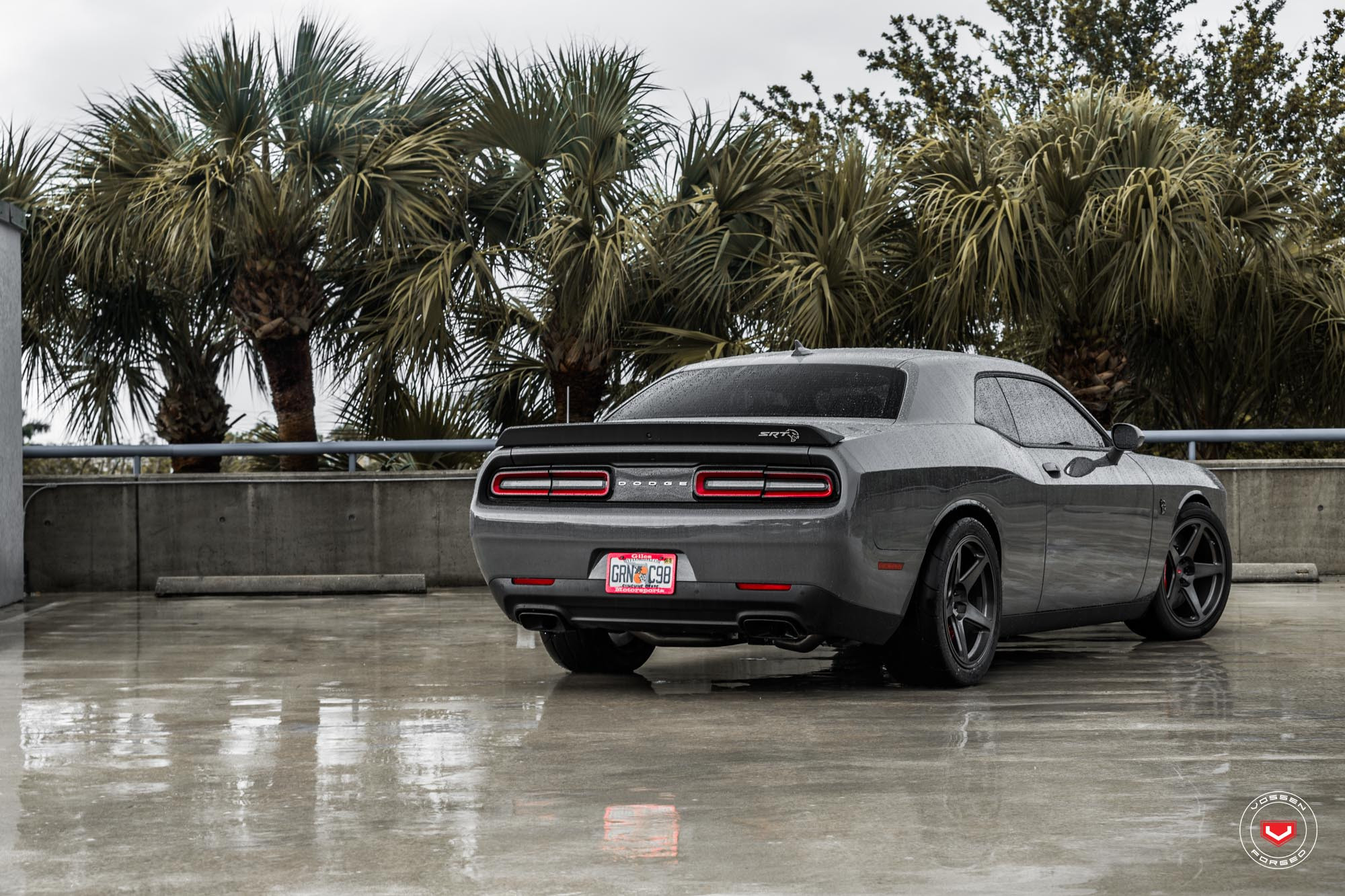 Gray Dodge Challenger SRT with Custom Rear Spoiler - Photo by Vossen