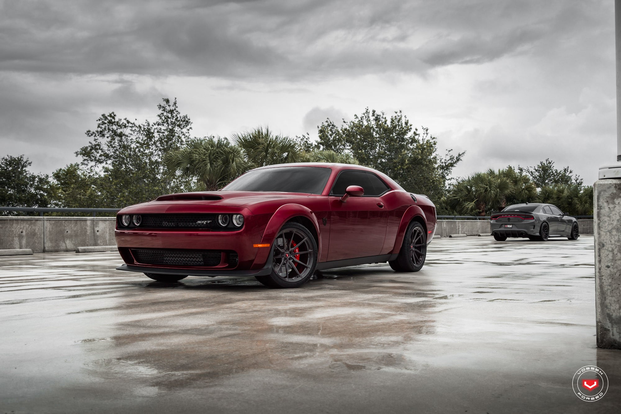 Custom Front Bumper Lip on Red Dodge Challenger - Photo by Vossen