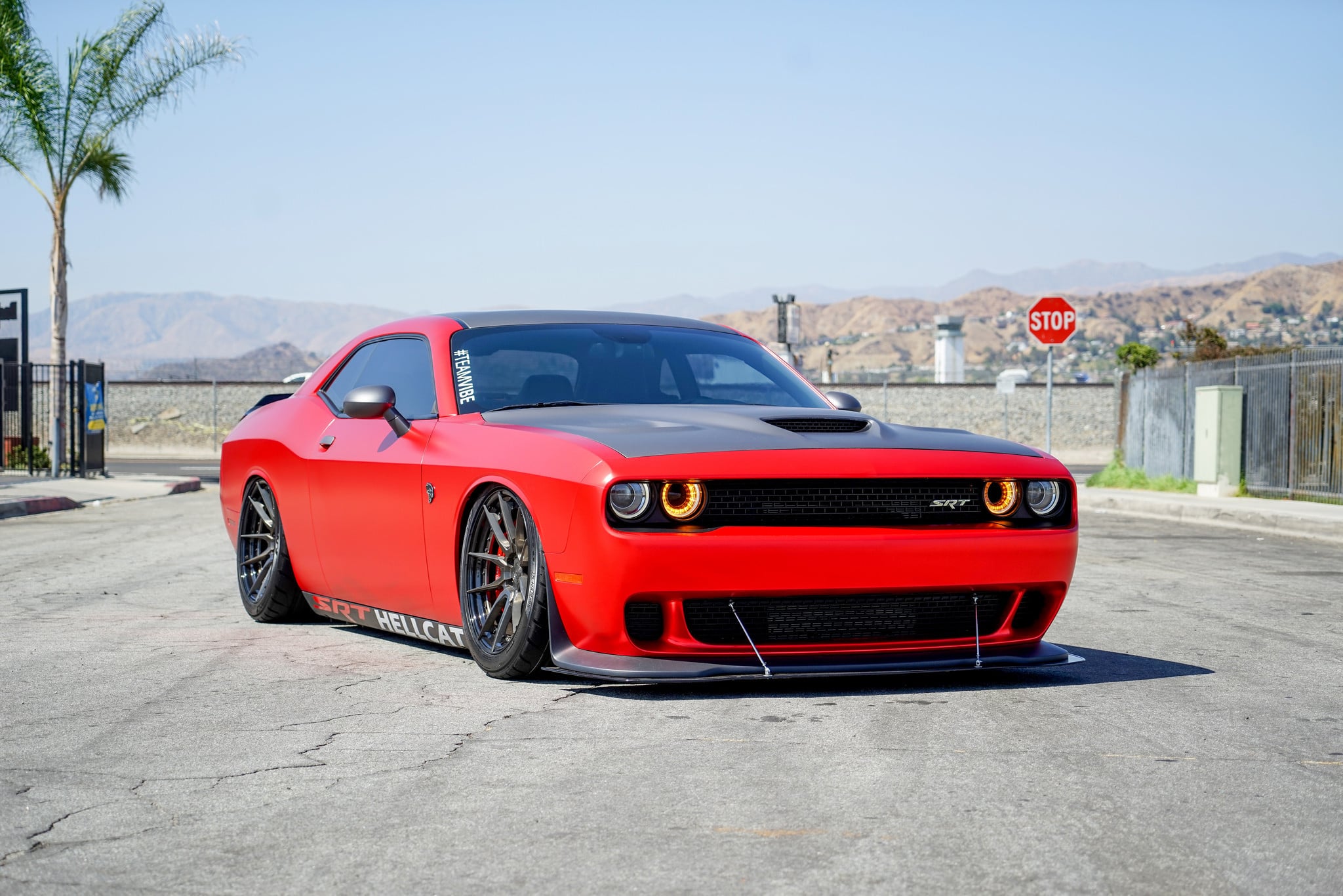 Custom Vented Hood on Red Dodge Challenger SRT - Photo by VIBE Motorsports