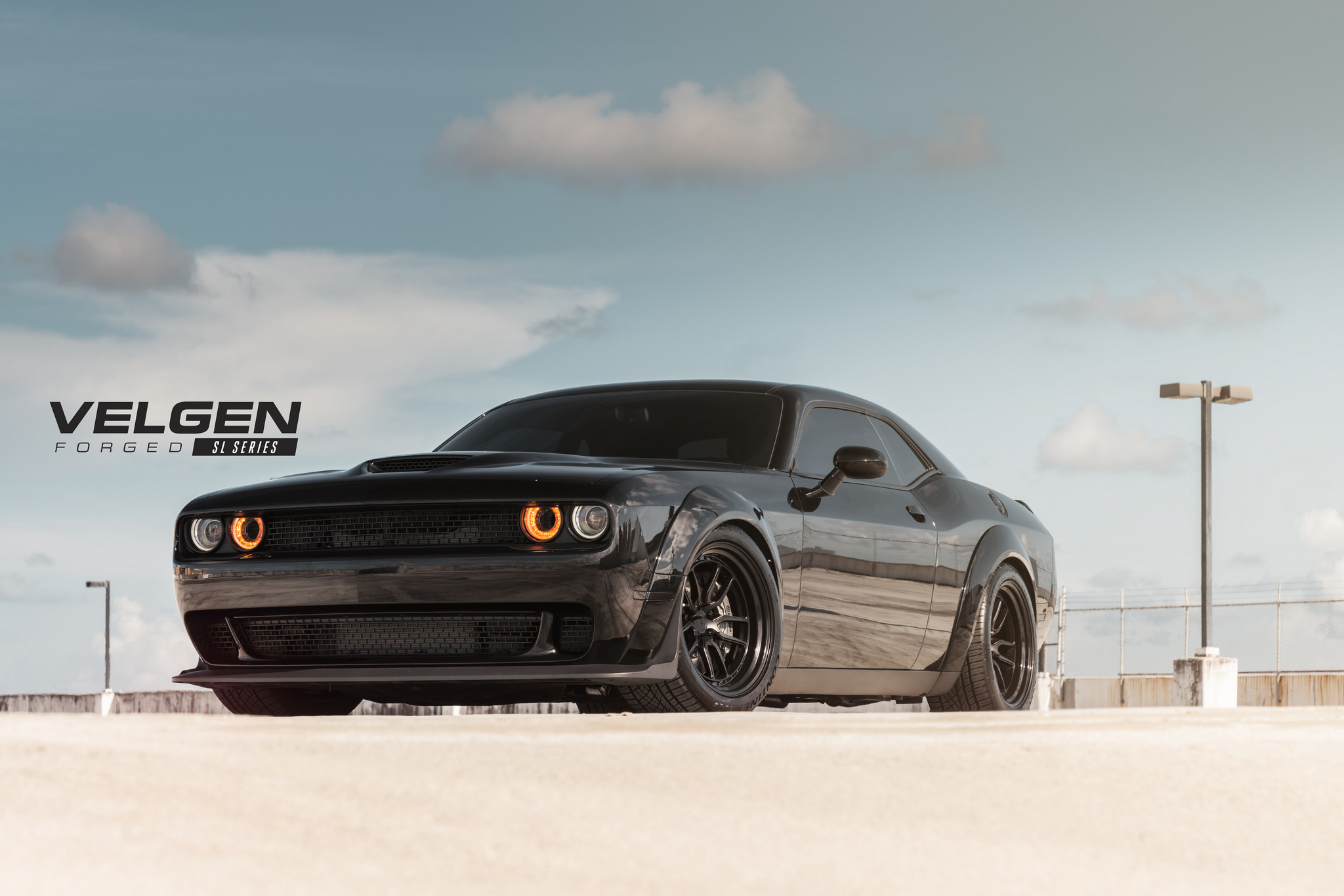 Aftermarket Vented Hood on Black Dodge Challenger - Photo by Velgen Wheels