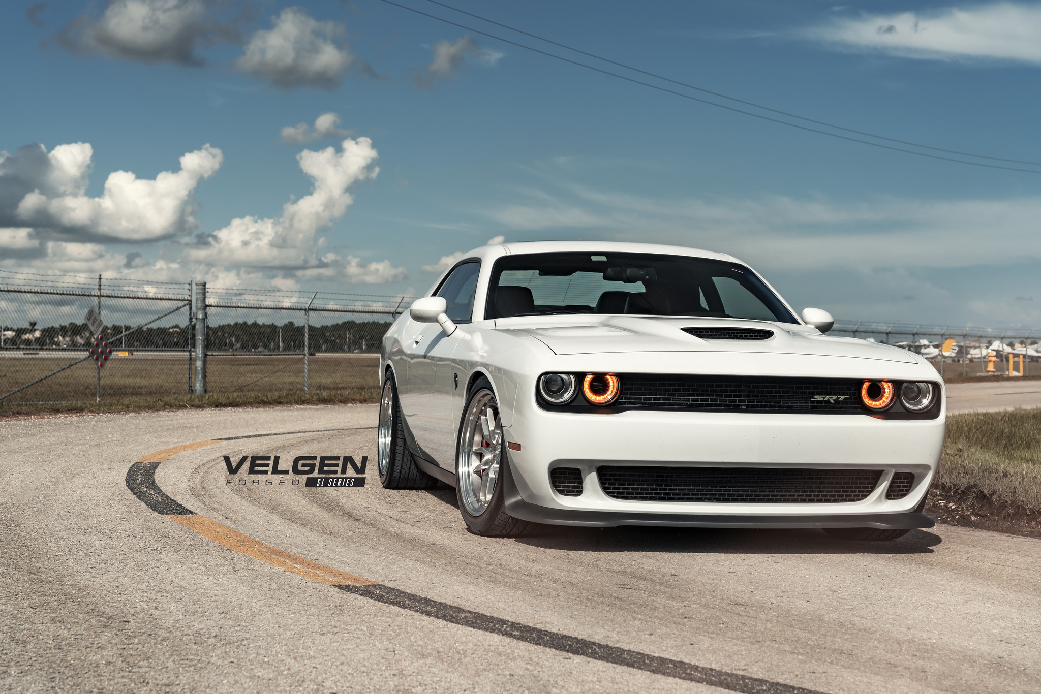 Blacked Out Mesh Grille on White Dodge Challenger SRT - Photo by Velgen Wheels