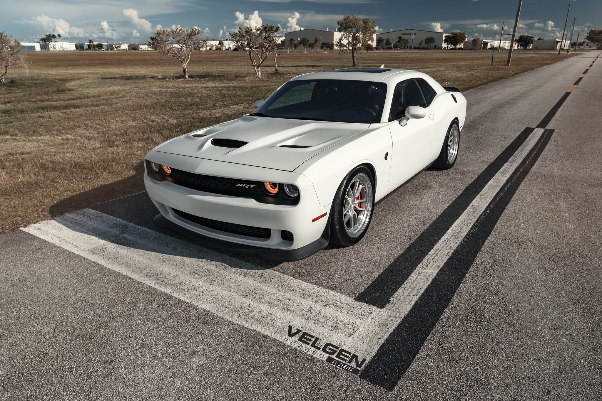 White Dodge Challenger SRT with Custom Vented Hood - Photo by Velgen Wheels