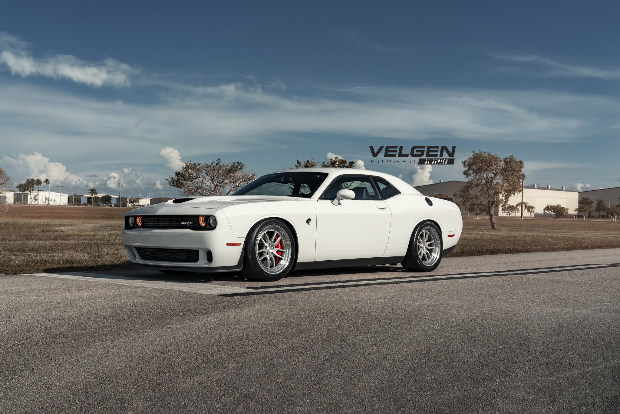 Color Halo Headlights on White Dodge Challenger SRT - Photo by Velgen Wheels