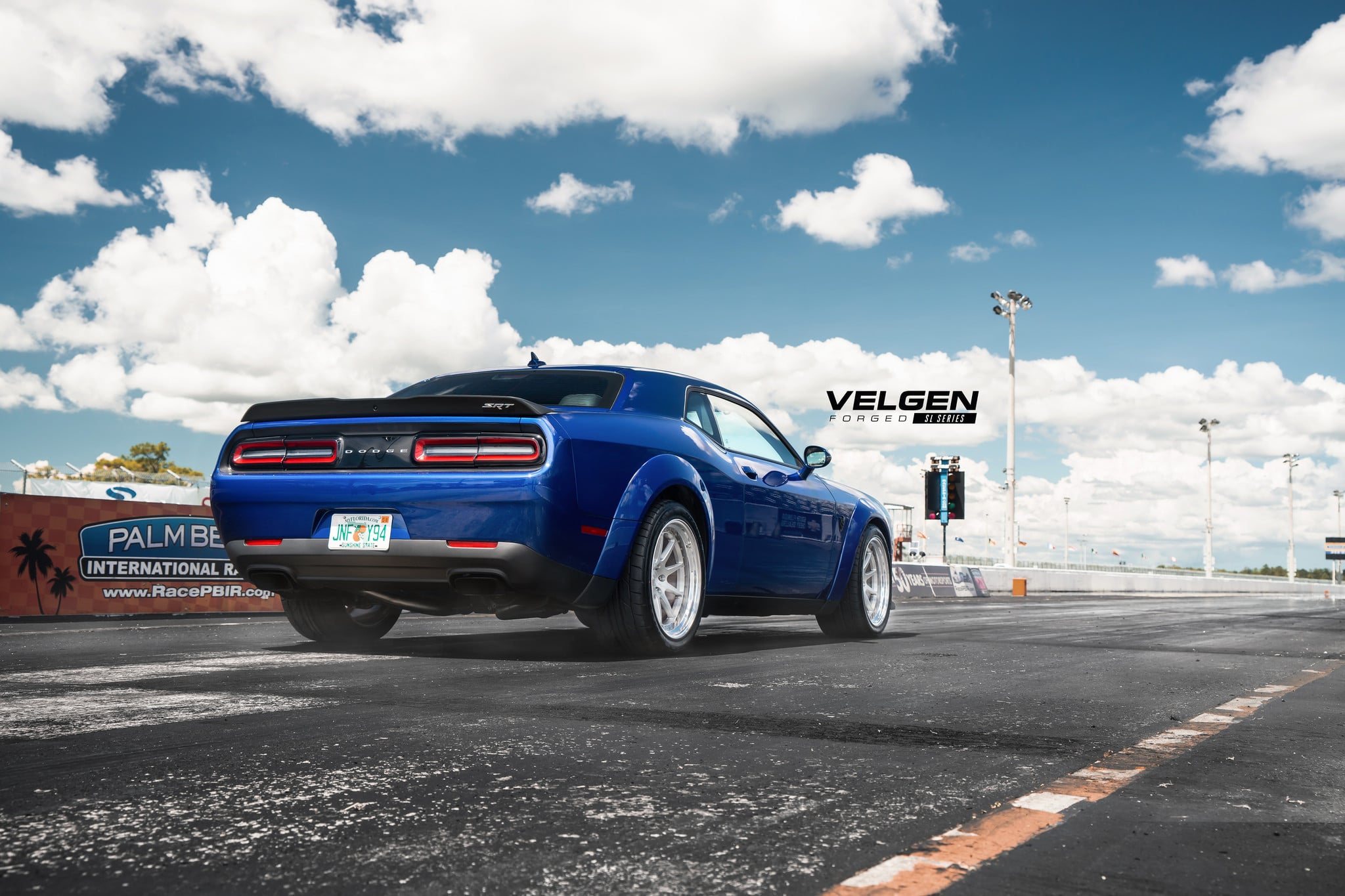 Aftermarket Rear Spoiler on Blue Dodge Challenger SRT - Photo by Velgen Wheels
