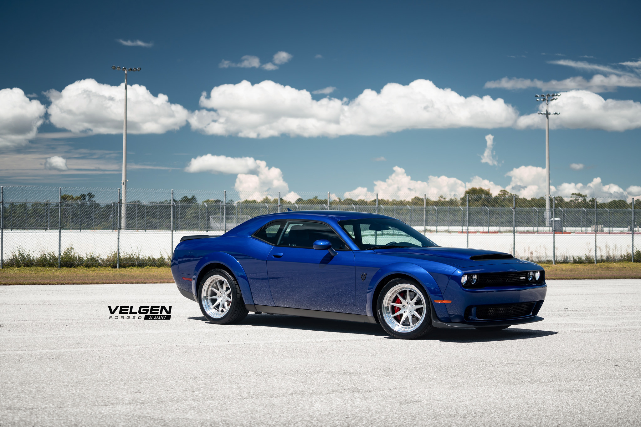 Custom Blue Dodge Challenger SRT Side Skirts - Photo by Velgen Wheels