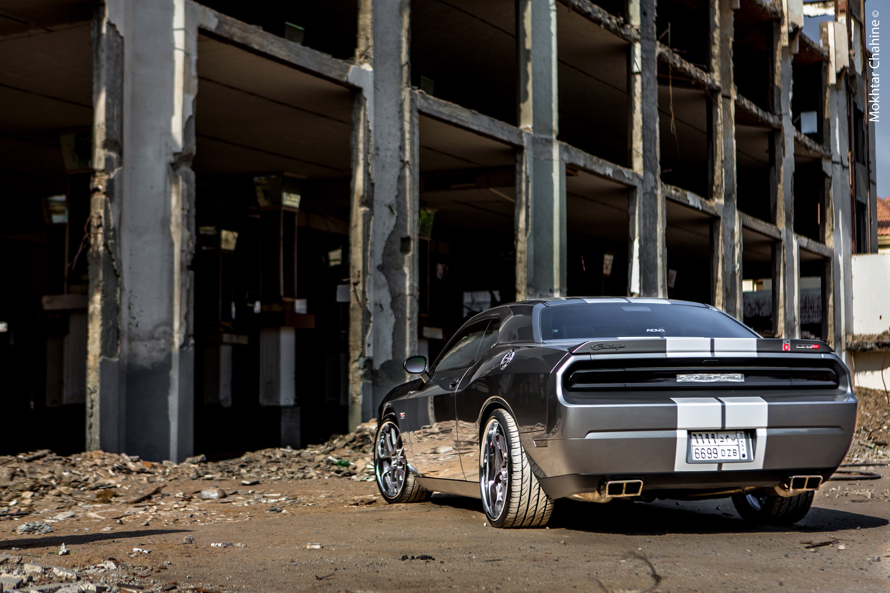Grey Dodge Challenger With White Stripes - Photo by ADV1