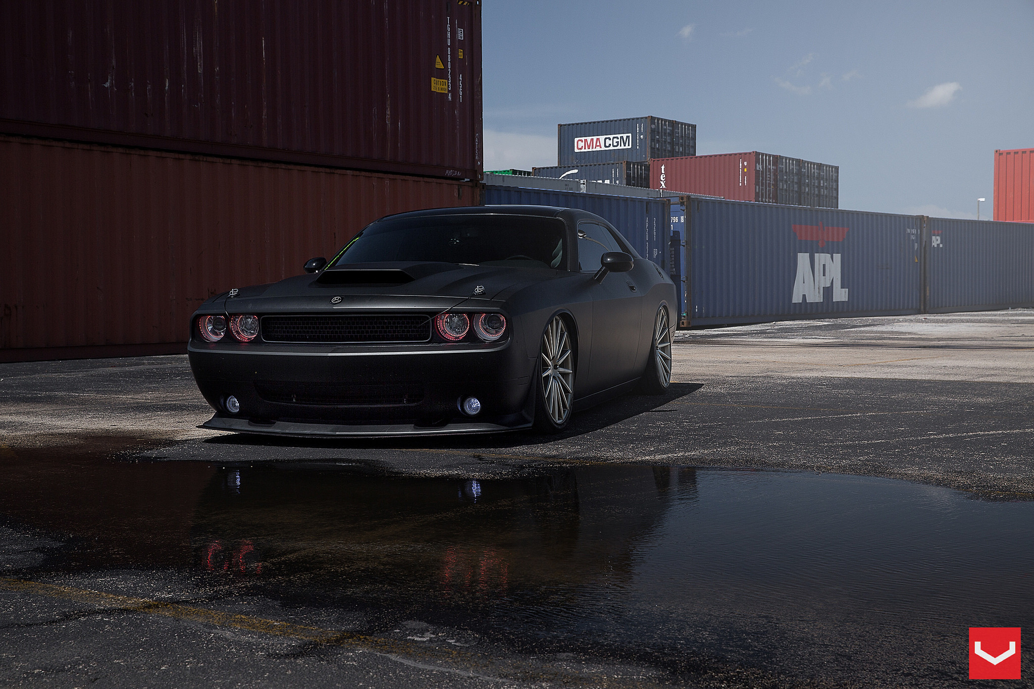 Black Dodge Challenger With Air Suspension in The Docks - Photo by Vossen