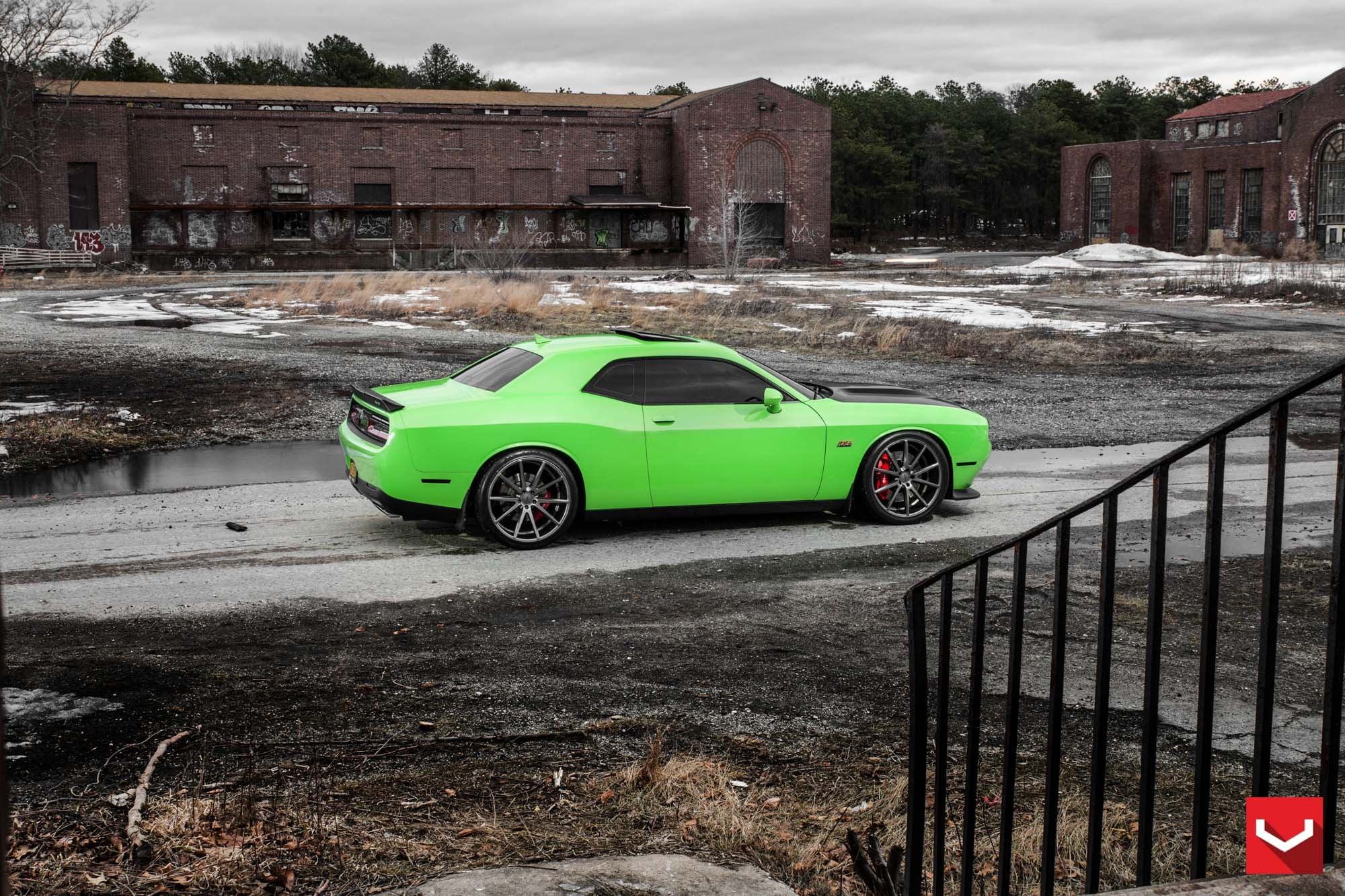 Lime Geen Challenger With Black Ram Air Hood - Photo by Vossen
