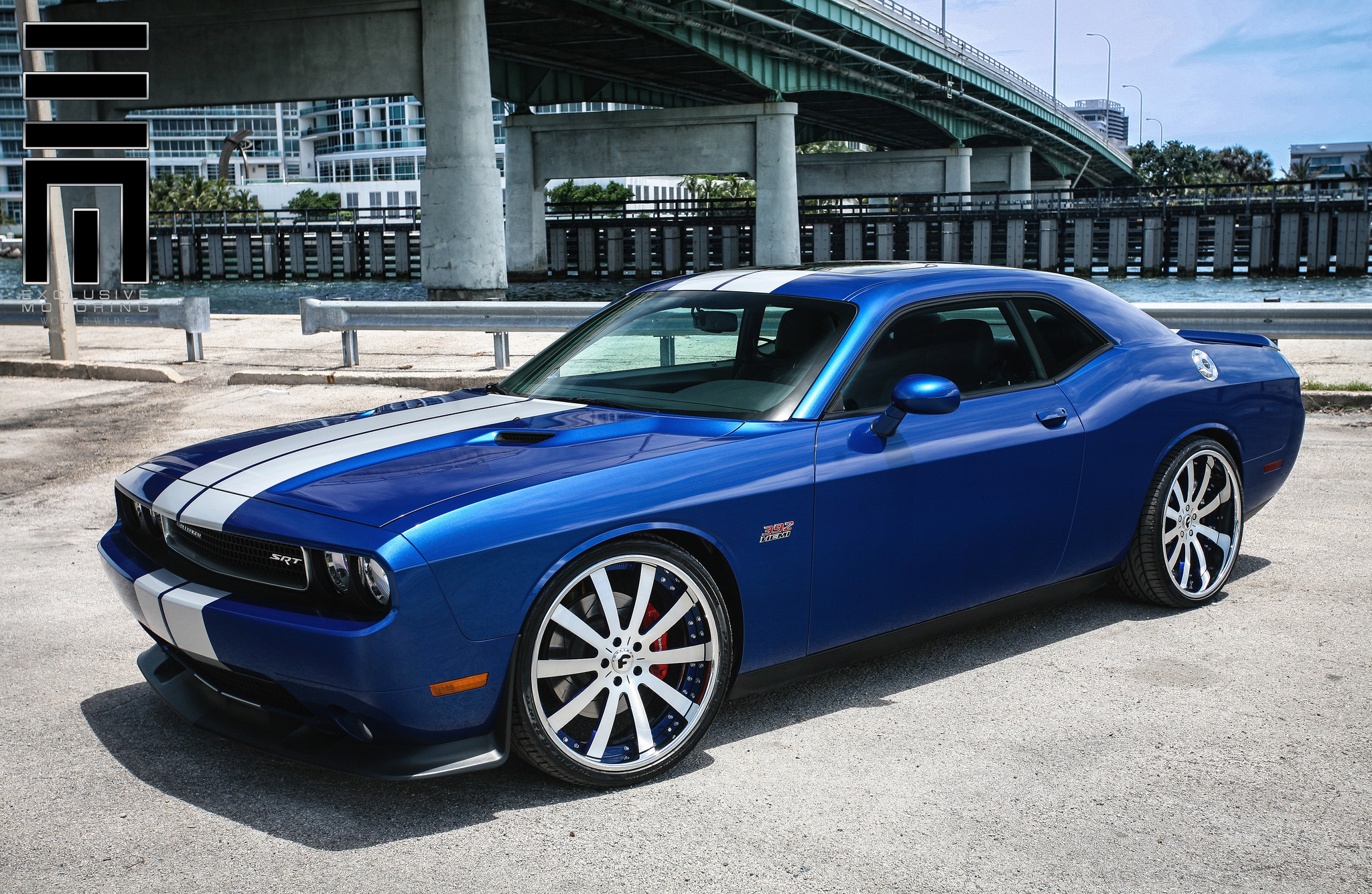Blue HEMI Challenger with white stripes on hood - Photo by Exclusive Motoring
