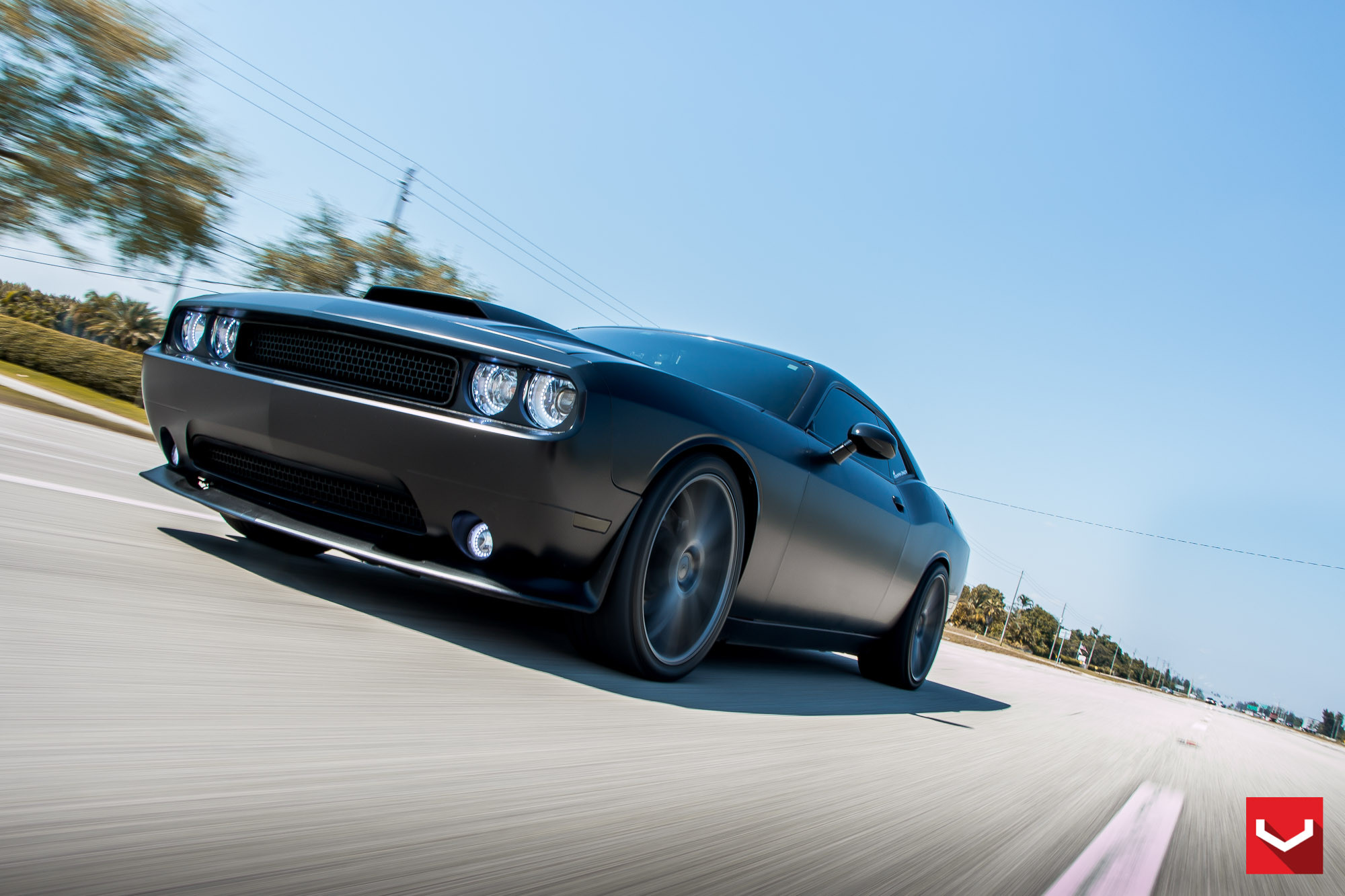 Black Dodge Challenger with Custom Hood - Photo by Vossen