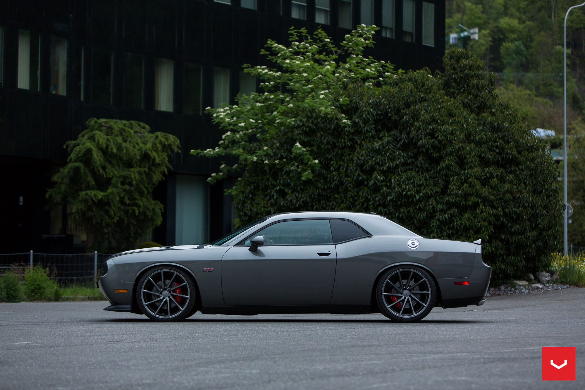 Dark Smoke Vossen Rims with Red Brakes on Dodge Challenger - Photo by Vossen