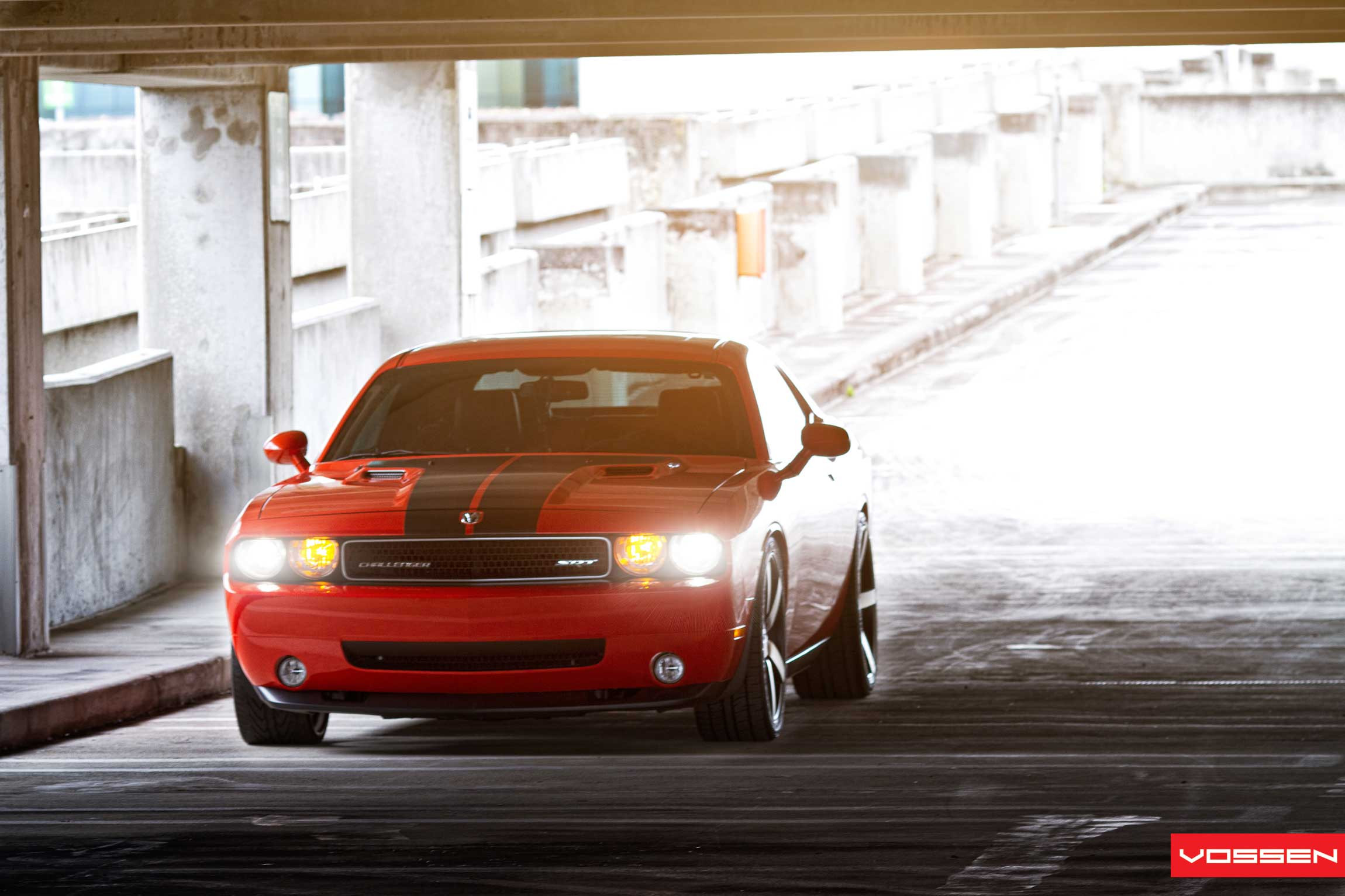 Aftermarket Hood on Red Dodge Challenger SRT - Photo by Vossen