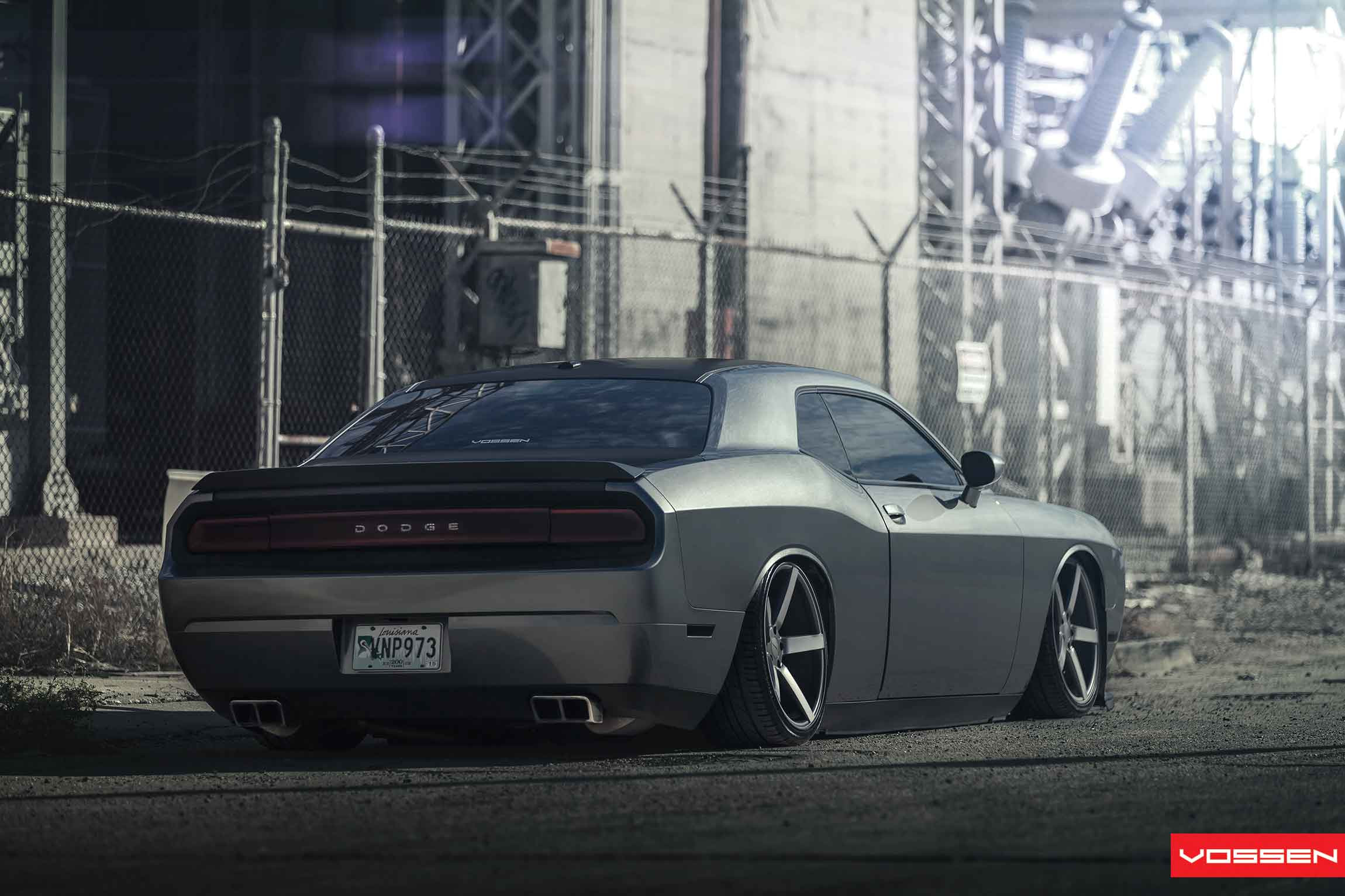 Aftermarket Rear Spoiler on Black Dodge Challenger - Photo by Vossen