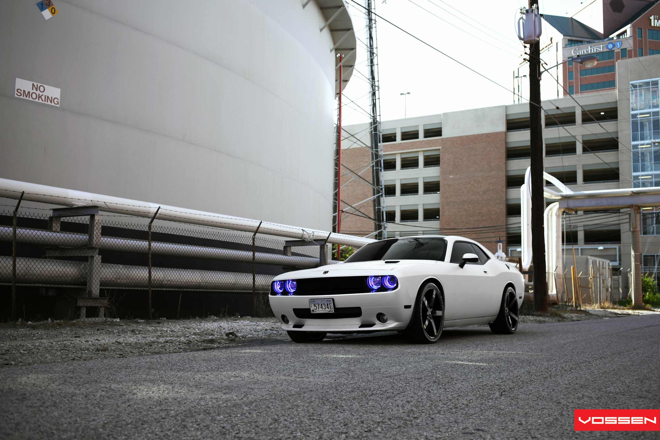 White Dodge Challenger with Custom Halo Headlights - Photo by Vossen