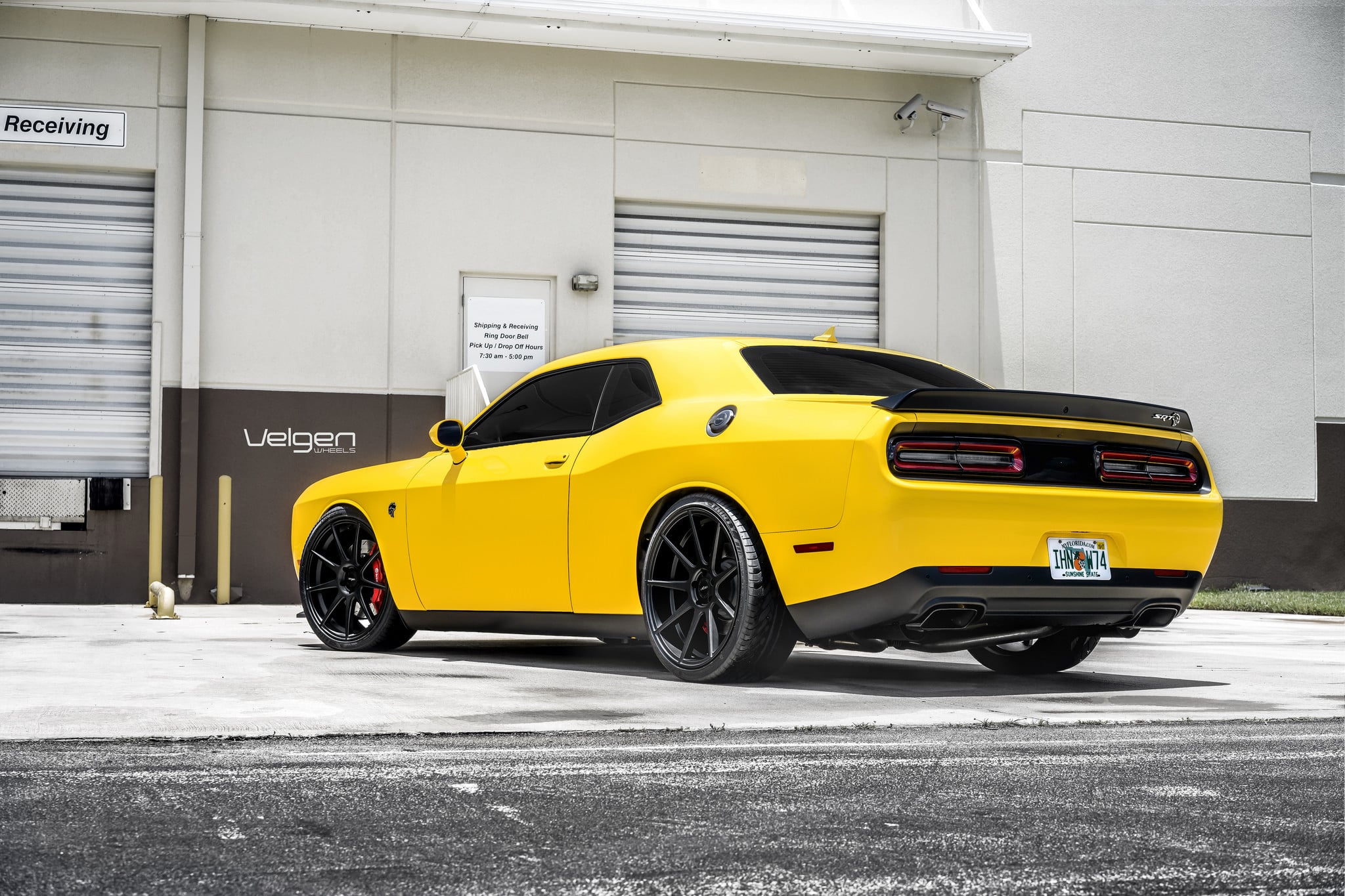 Custom Black Rear Spoiler on Yellow Dodge Challenger - Photo by Velgen
