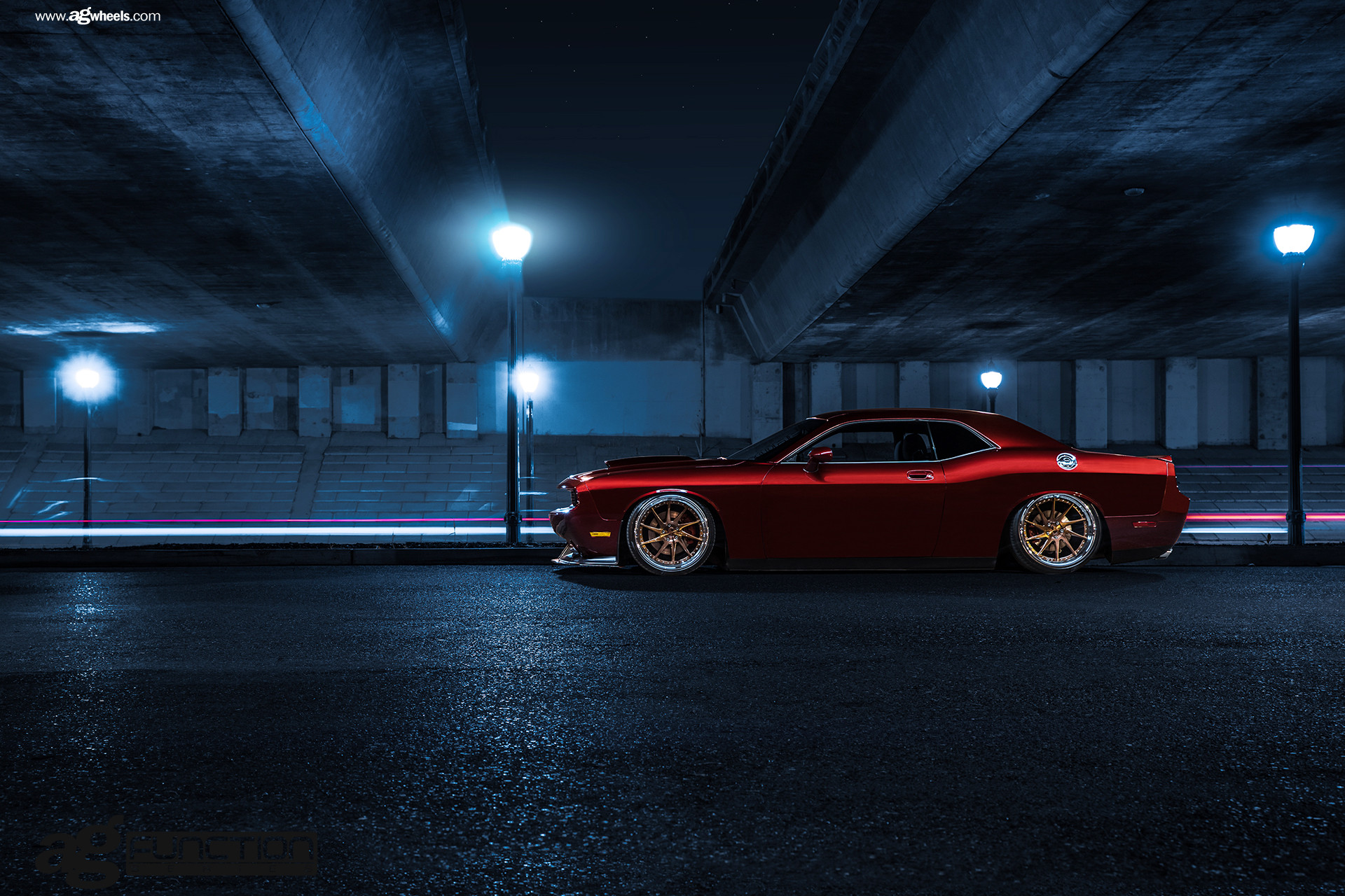 Aftermarket Side Skirts on Red Stanced Dodge Challenger - Photo by Avant Garde Wheels