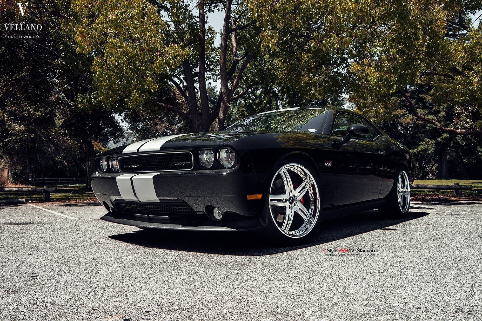 Custom Black Dodge Challenger with White Stripes - Photo by Vellano