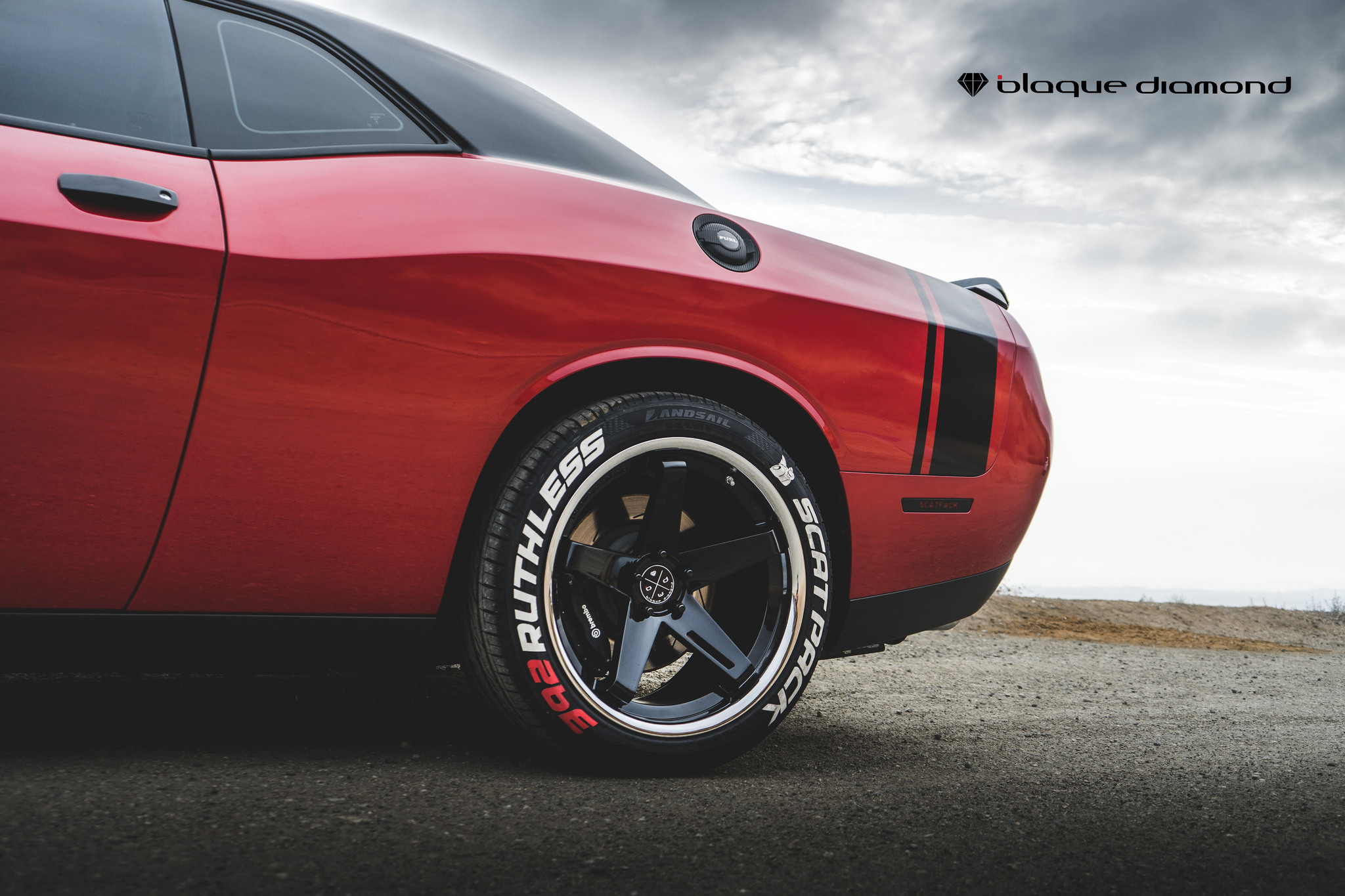 Red Debadged Dodge Challenger with Landsail Tires - Photo by Blaque Diamond