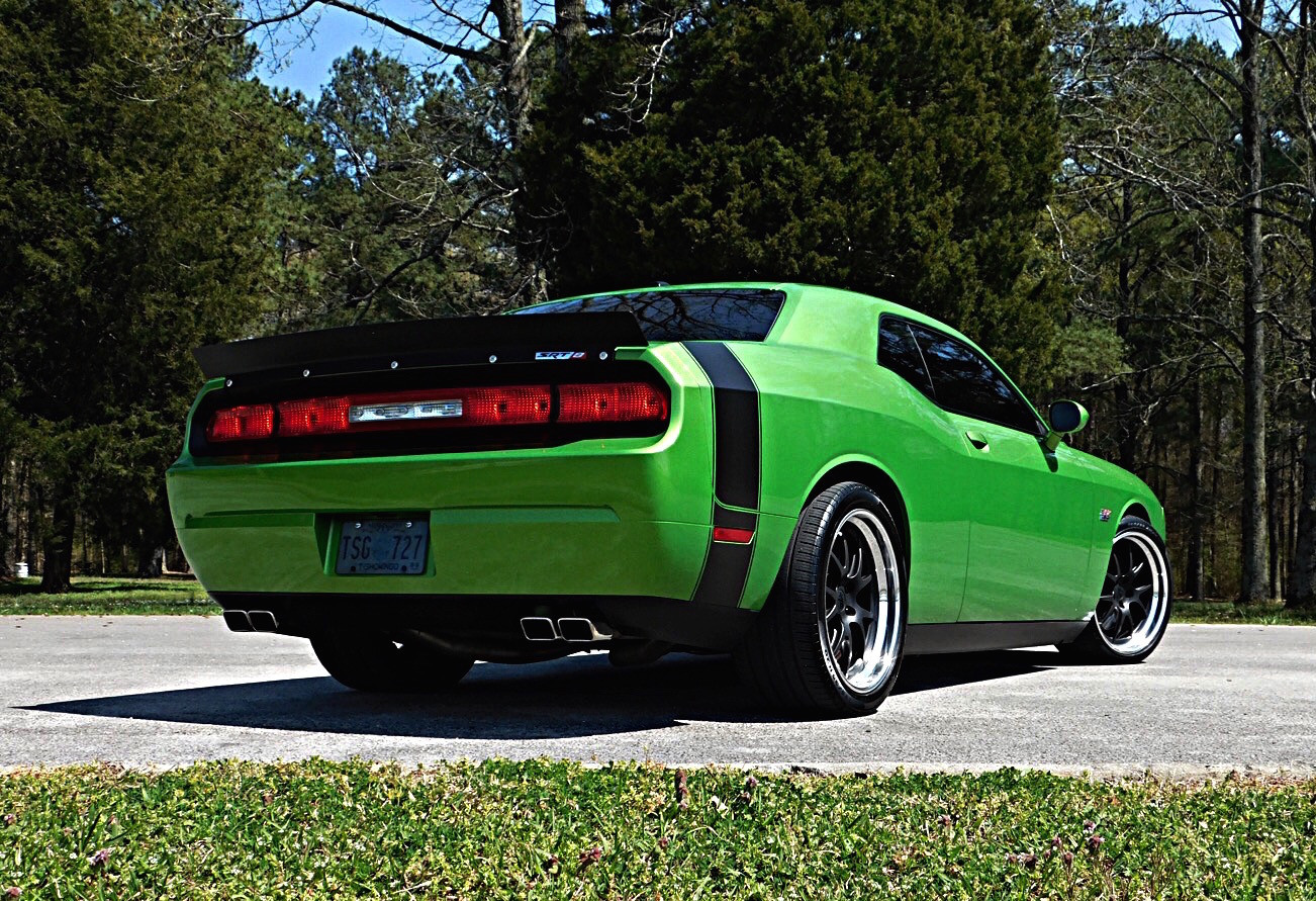 Aftermarket Rear Lip Spoiler on Green Dodge Challenger - Photo by Forgeline Motorsports