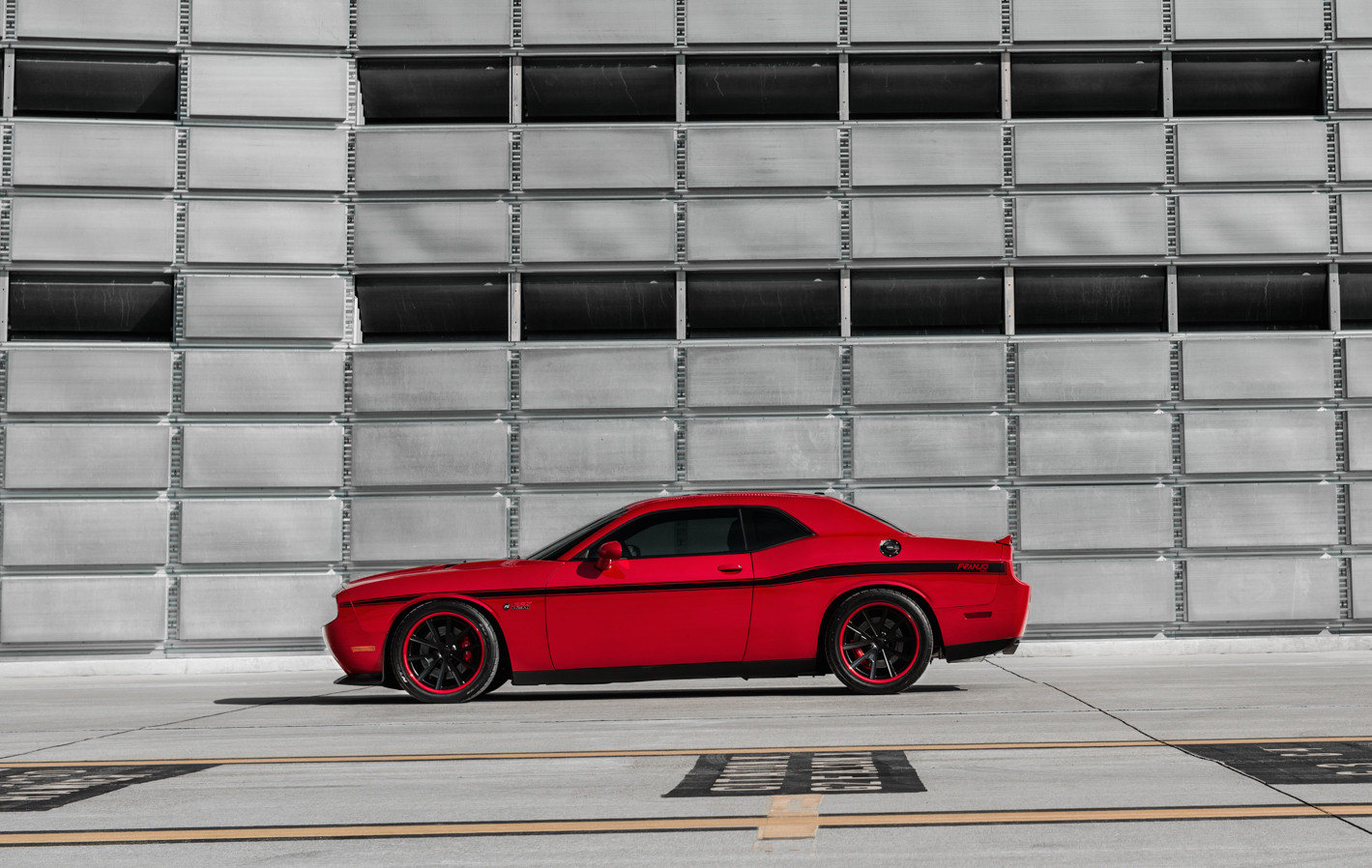 Custom Red Dodge Challenger Hemi Side Skirts - Photo by Forgeline Motorsports