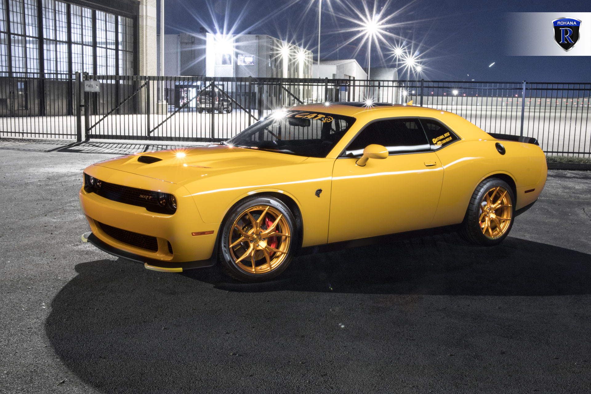 Aftermarket Vented Hood on Yellow Dodge Challenger - Photo by Rohana Wheels