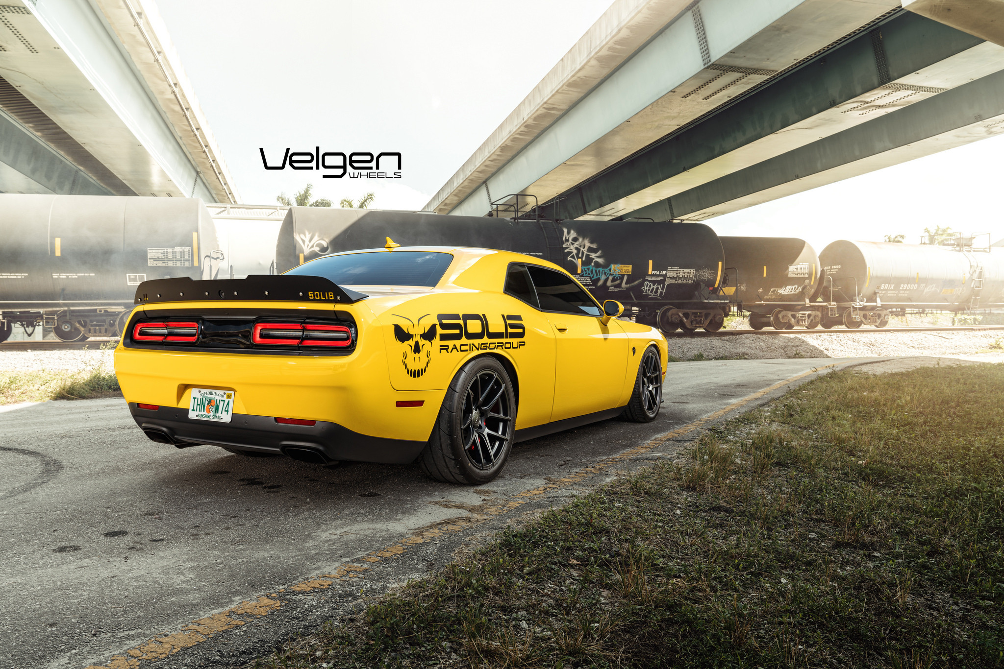 Aftermarket Rear Spoiler on Yellow Dodge Challenger - Photo by Velgen