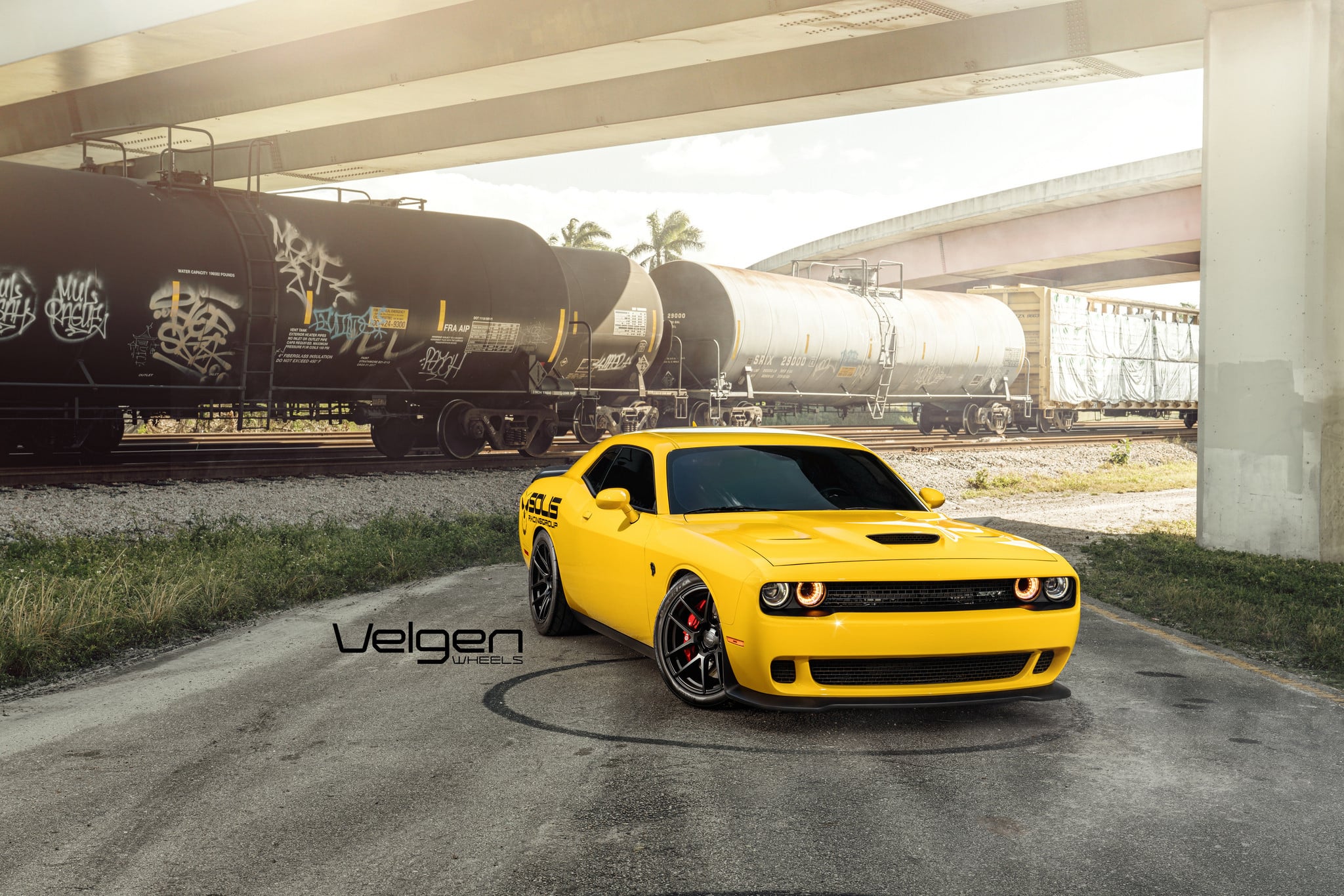 Aftermarket Front Lip on Yellow Dodge Challenger SRT - Photo by Velgen