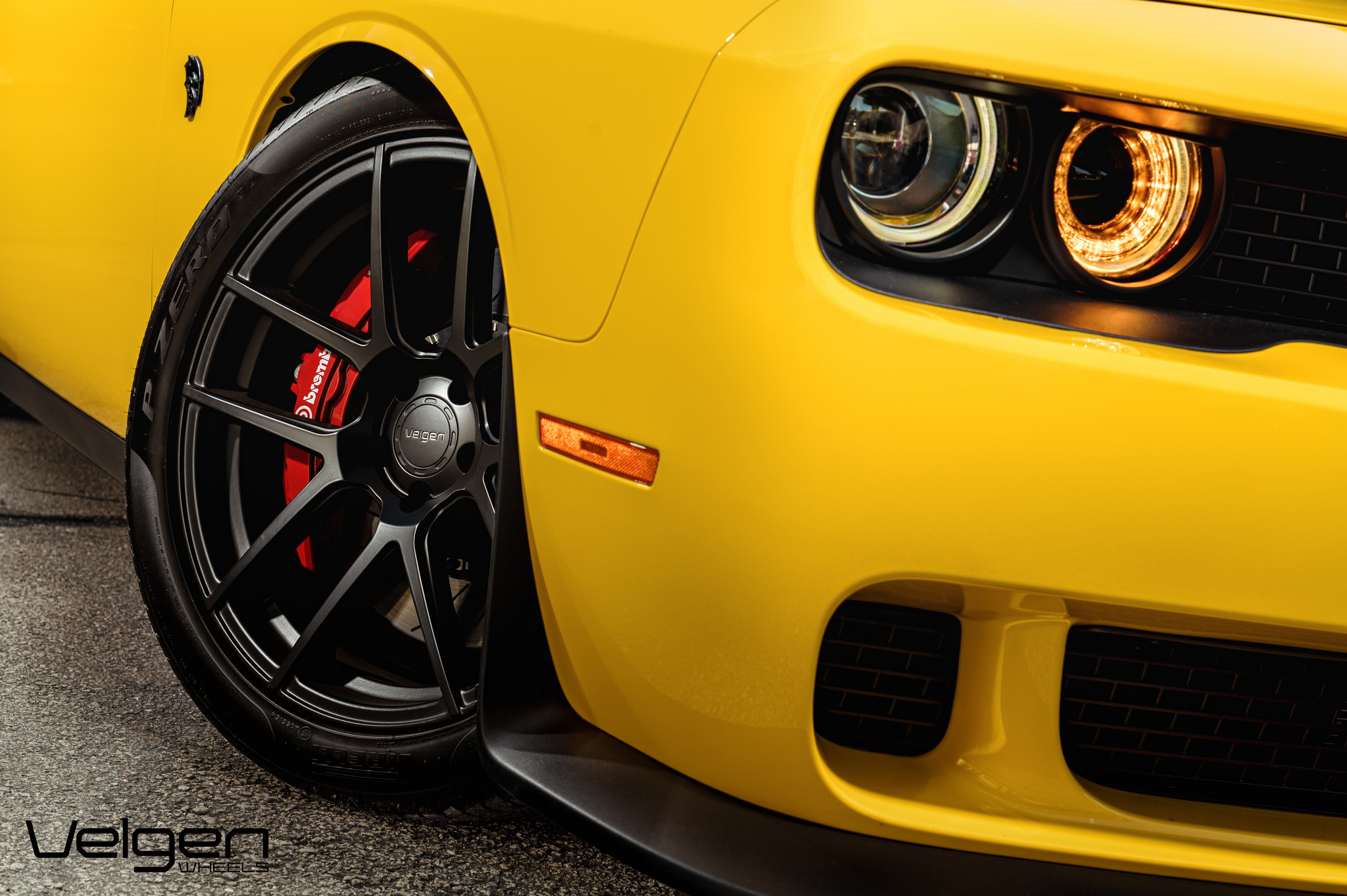 Velgen Rims with Brembo Brakes on Yellow Dodge Challenger - Photo by Velgen