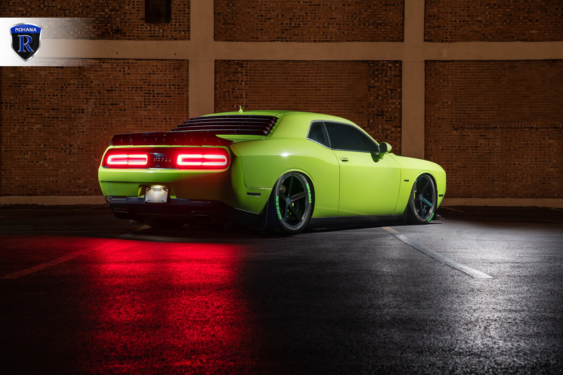 Aftermarket Rear Spoiler on Lime Green Dodge Challenger - Photo by Rohana