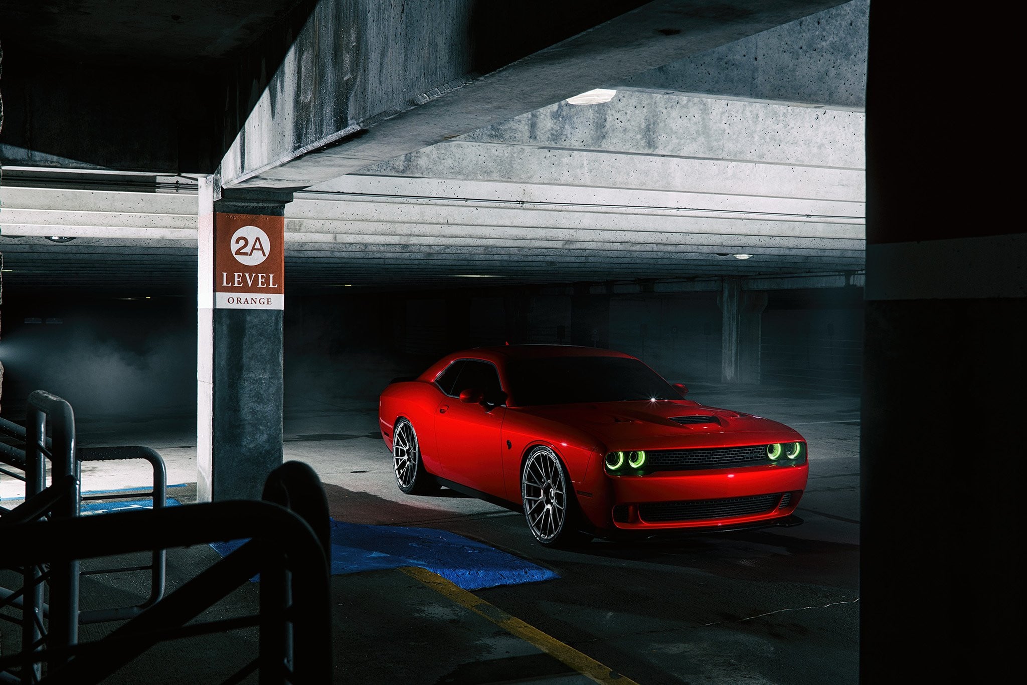 Color Halo Headlights on Red Dodge Challenger - Photo by Forgiato